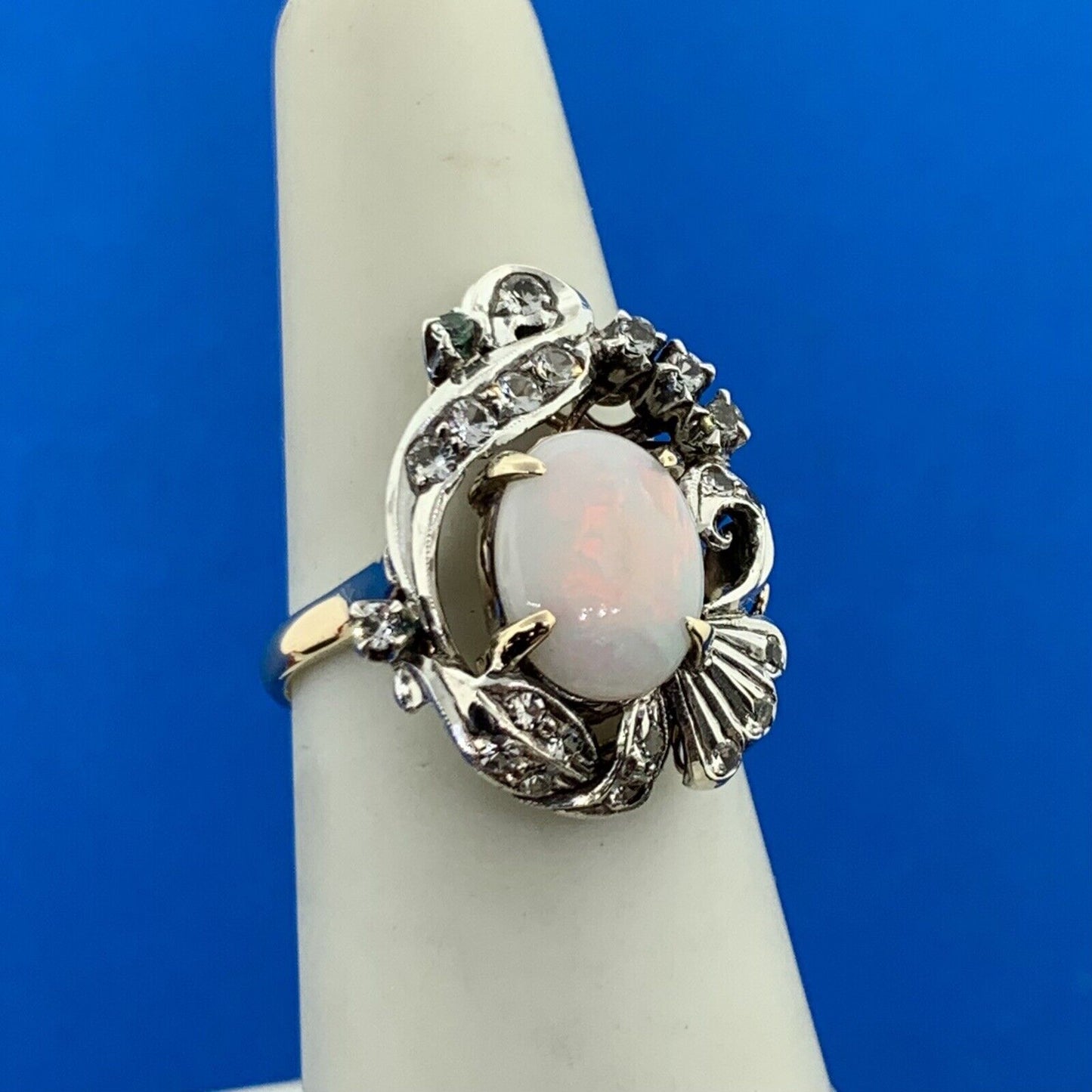 Vintage 10K Yellow Gold 925 Sterling Silver Opal White Amethyst Ring
