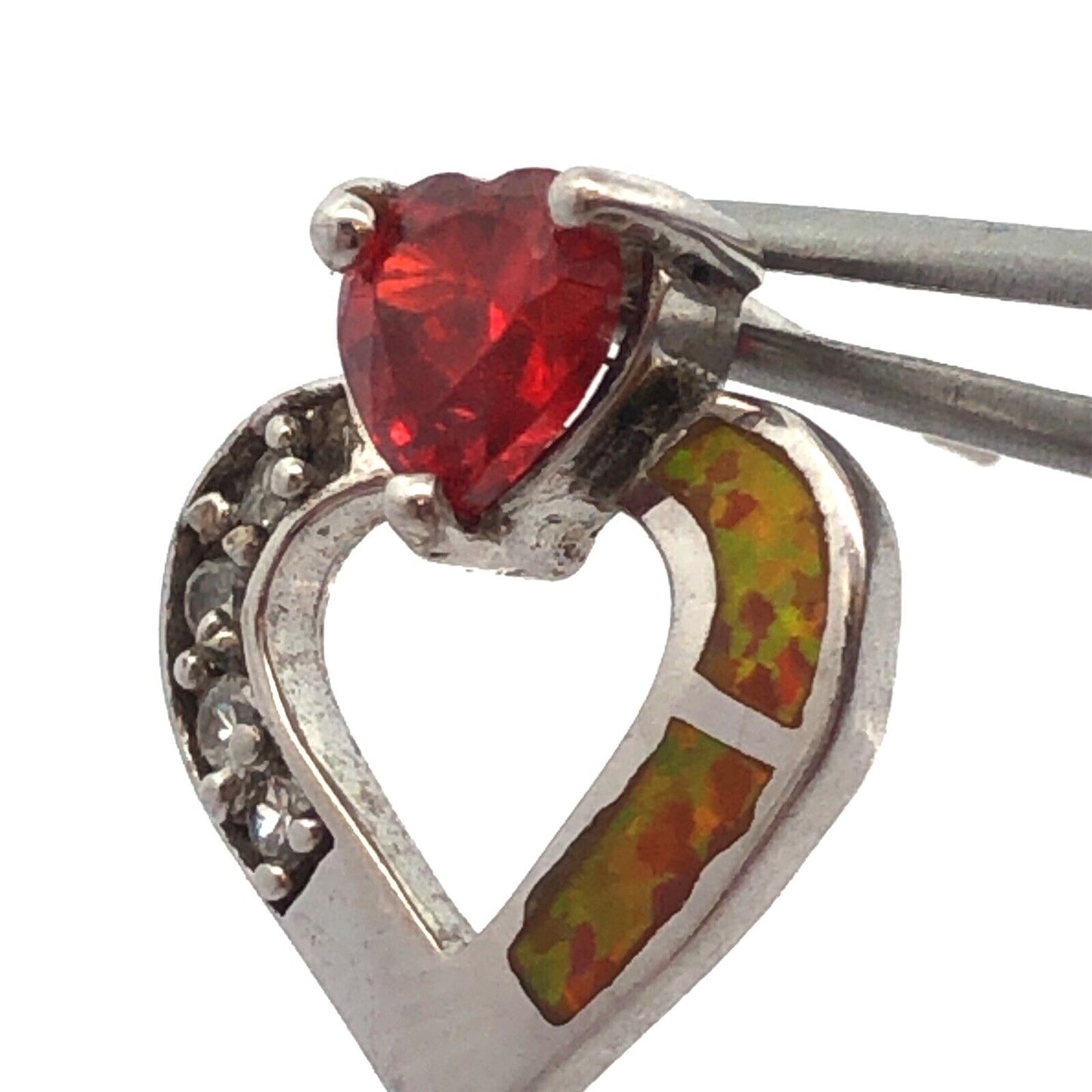 Unusual 925 Sterling Silver Red White Cubic Zirconia Opal Heart Stud Earrings