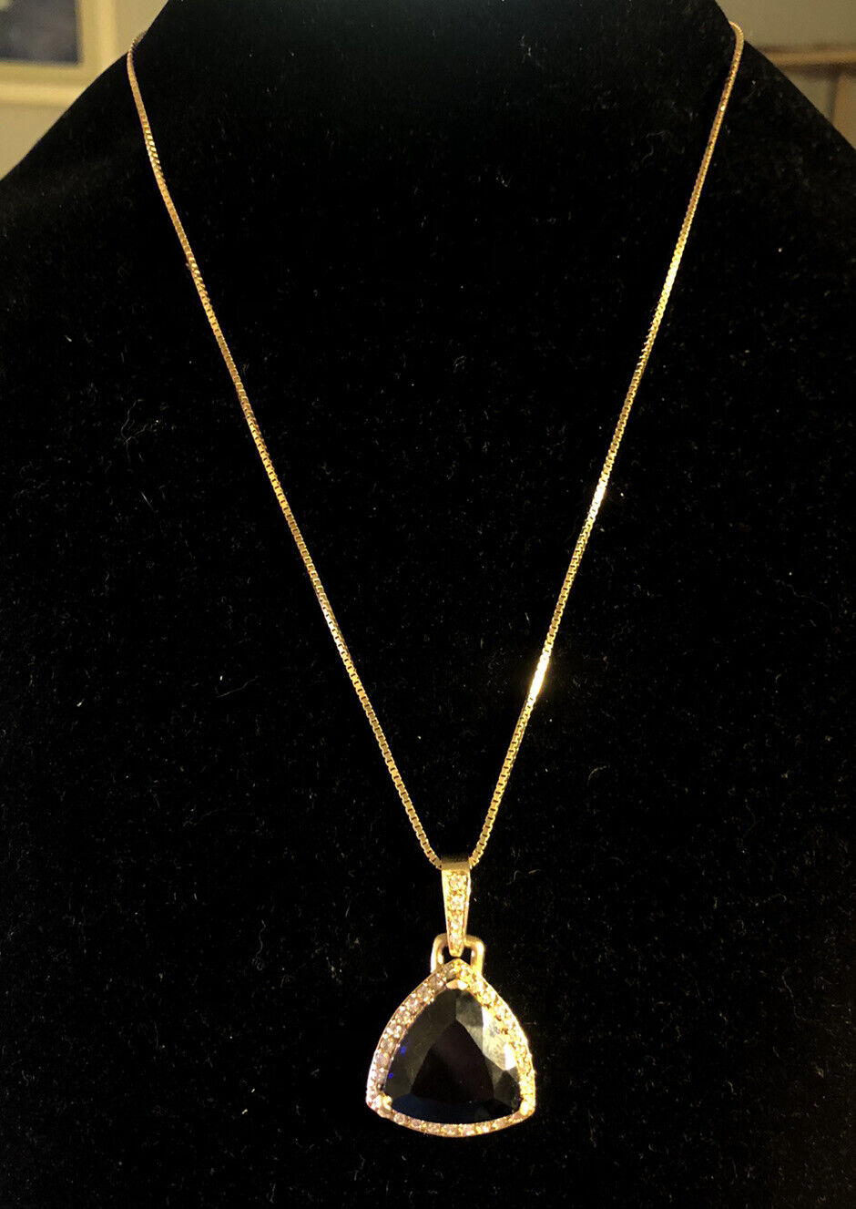 Custom 18K Yellow Gold Large Trillion Cut Lab Created Sapphire Diamond Pendant