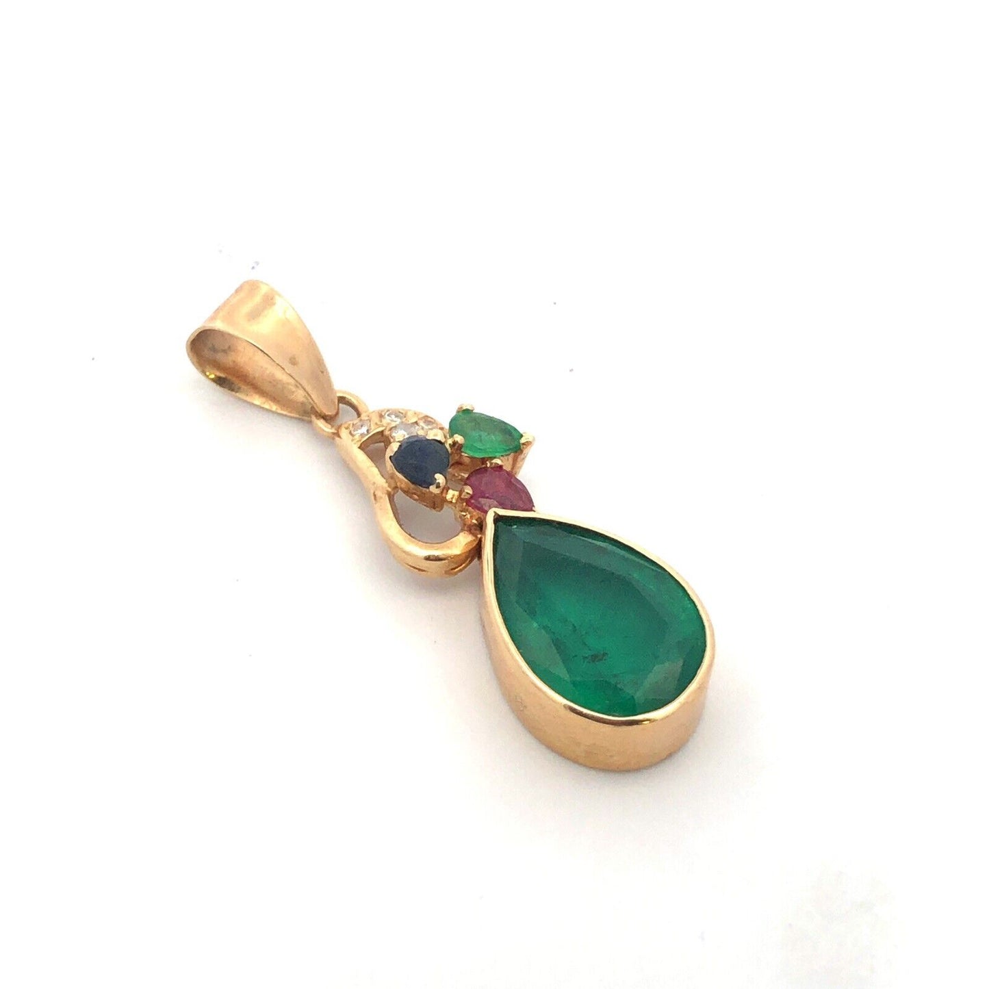 14K Yellow Gold Pear Emerald Sapphire Ruby Diamond Statement Pendant