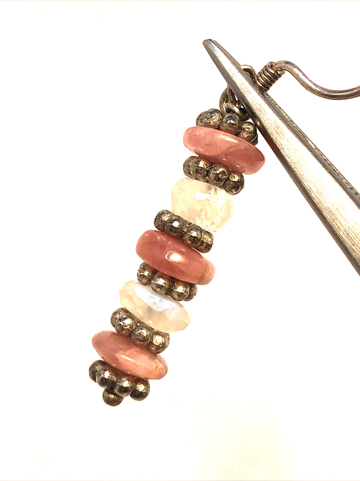 Sterling Silver 925 Pink Rhodochrosite and Moonstone Beaded Hook Dangle Earrings