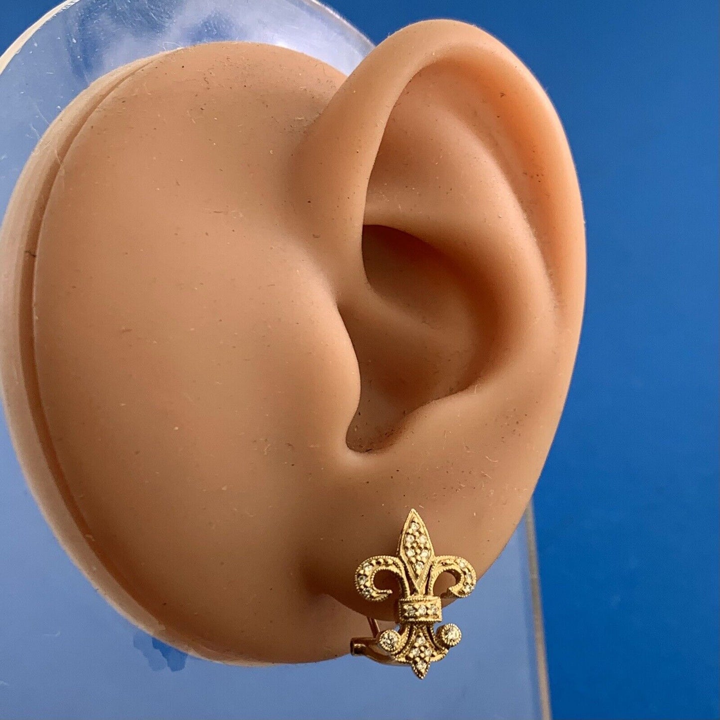 Designer 14K Yellow Gold Diamond Fleur De Lis Omega Back Stud Earrings