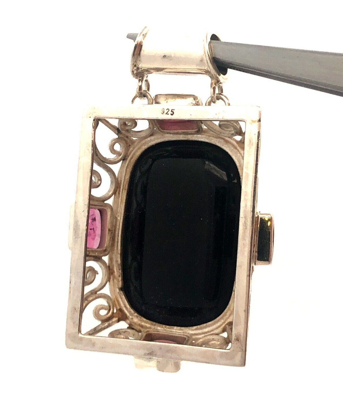 Estate 925 Sterling Silver Rectangle Blue Sandstone Amethyst Statement Pendant
