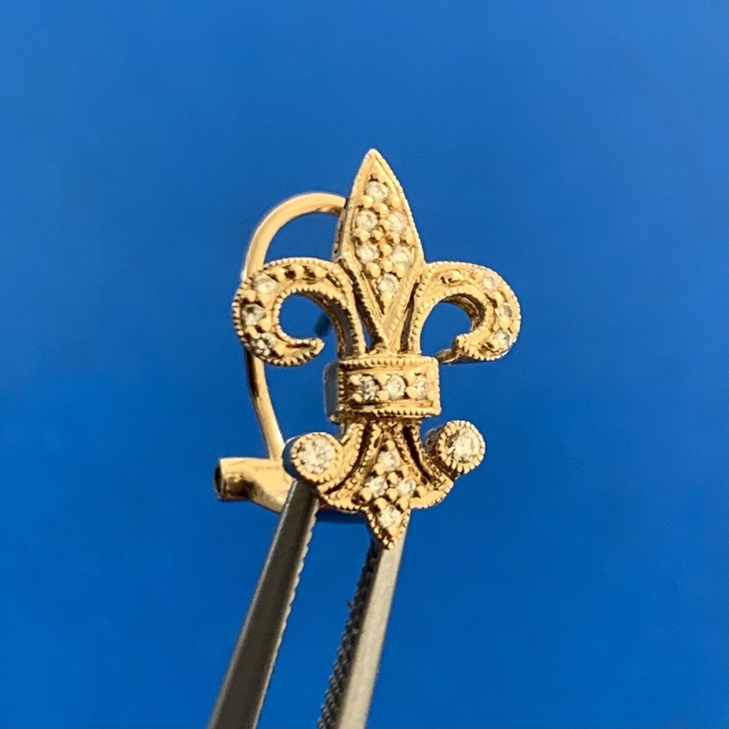 Designer 14K Yellow Gold Diamond Fleur De Lis Omega Back Stud Earrings