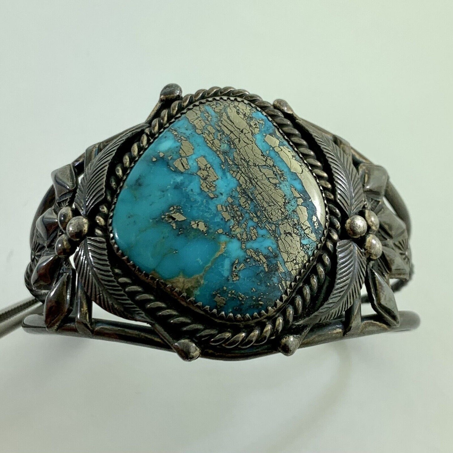 Signed Native American Sterling Silver Turquoise Statement Open Cuff Bracelet