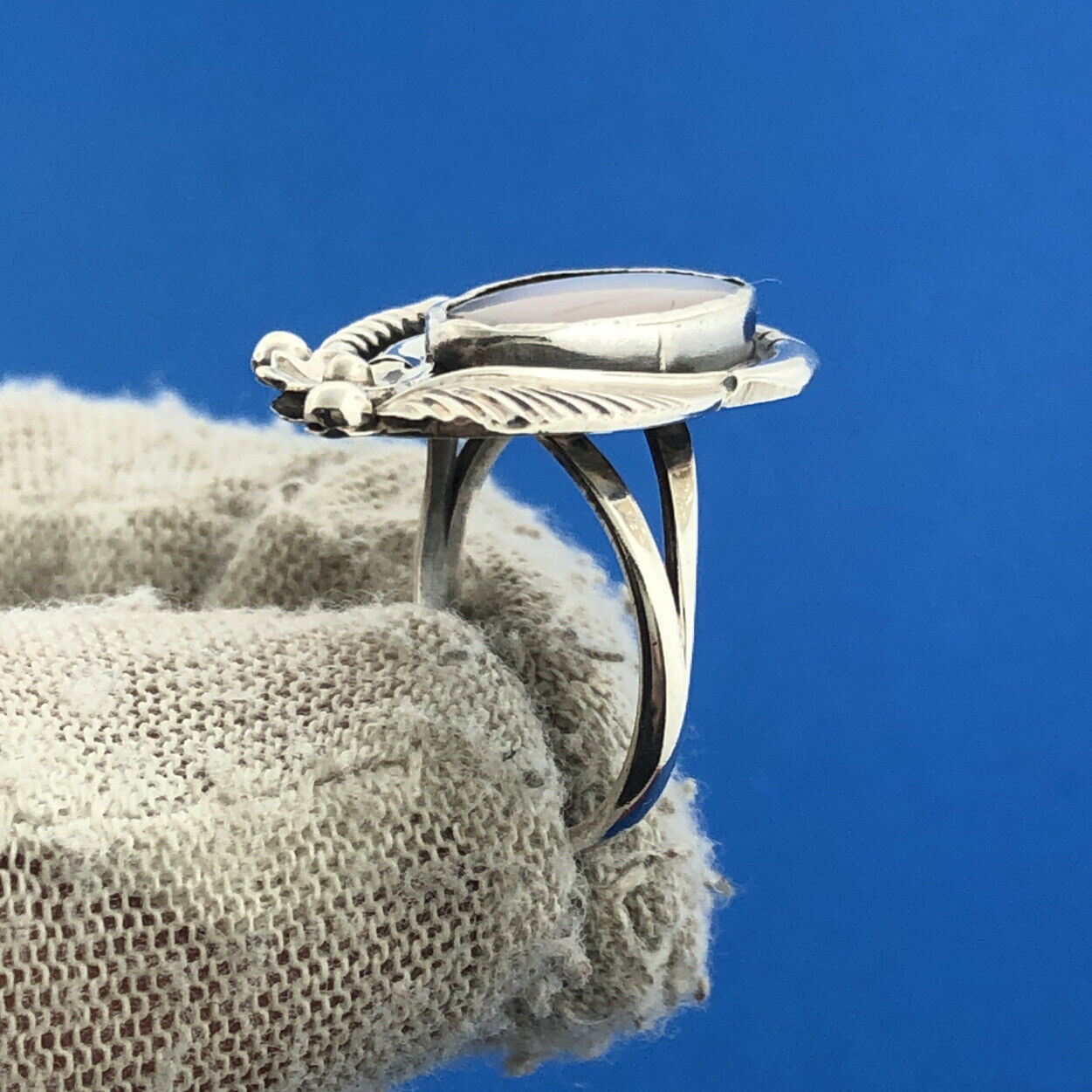 Native American Sterling Silver Ring Oval Mother Of Pearl Squash Blossom Ring