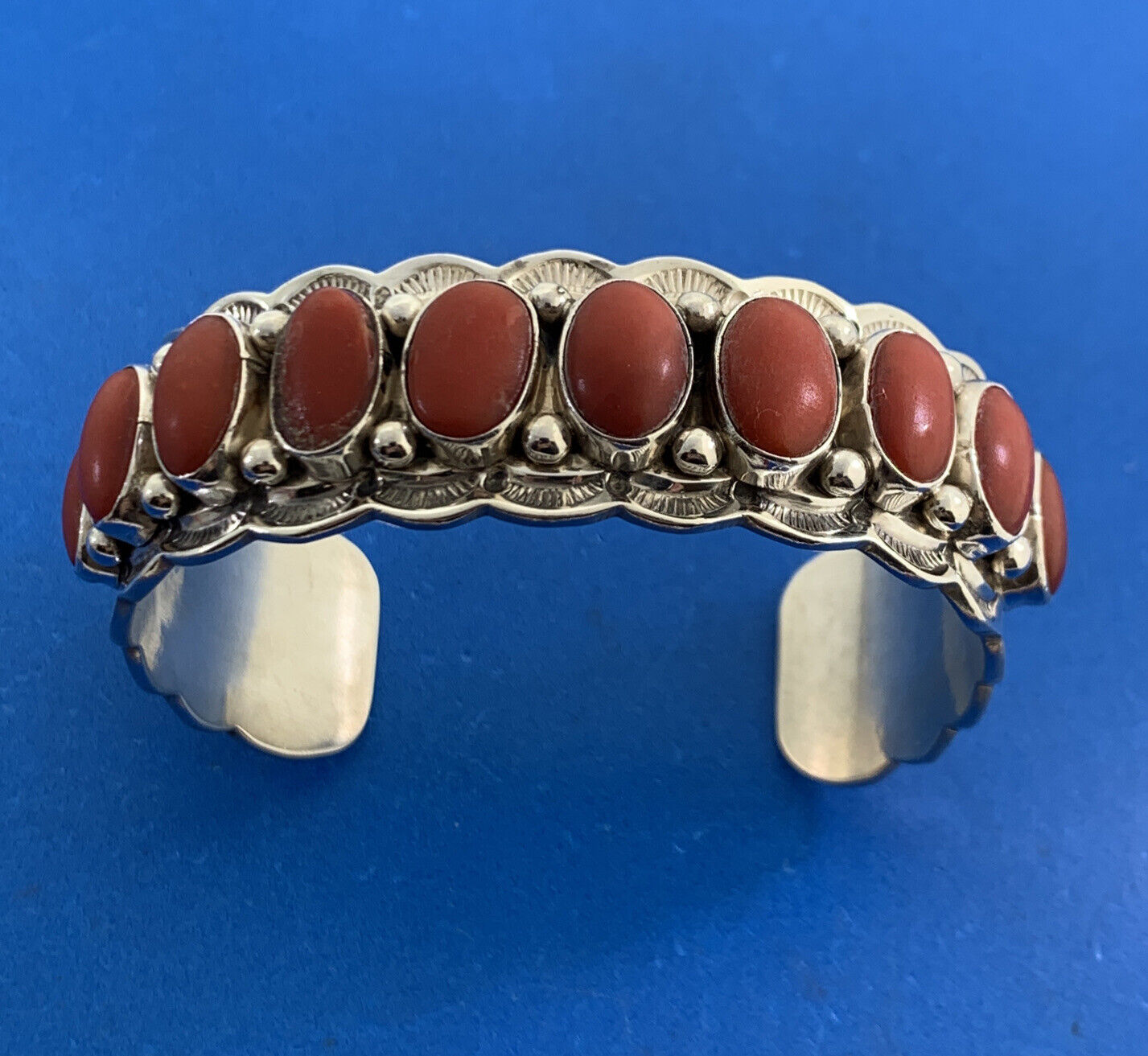 Aaron Toadlena Native American 925 Sterling Silver Coral Statement Cuff Bracelet