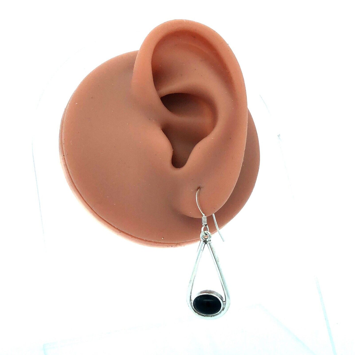 Native American RLH 925 Sterling Silver Oval Black Onyx Hook Dangle Earrings