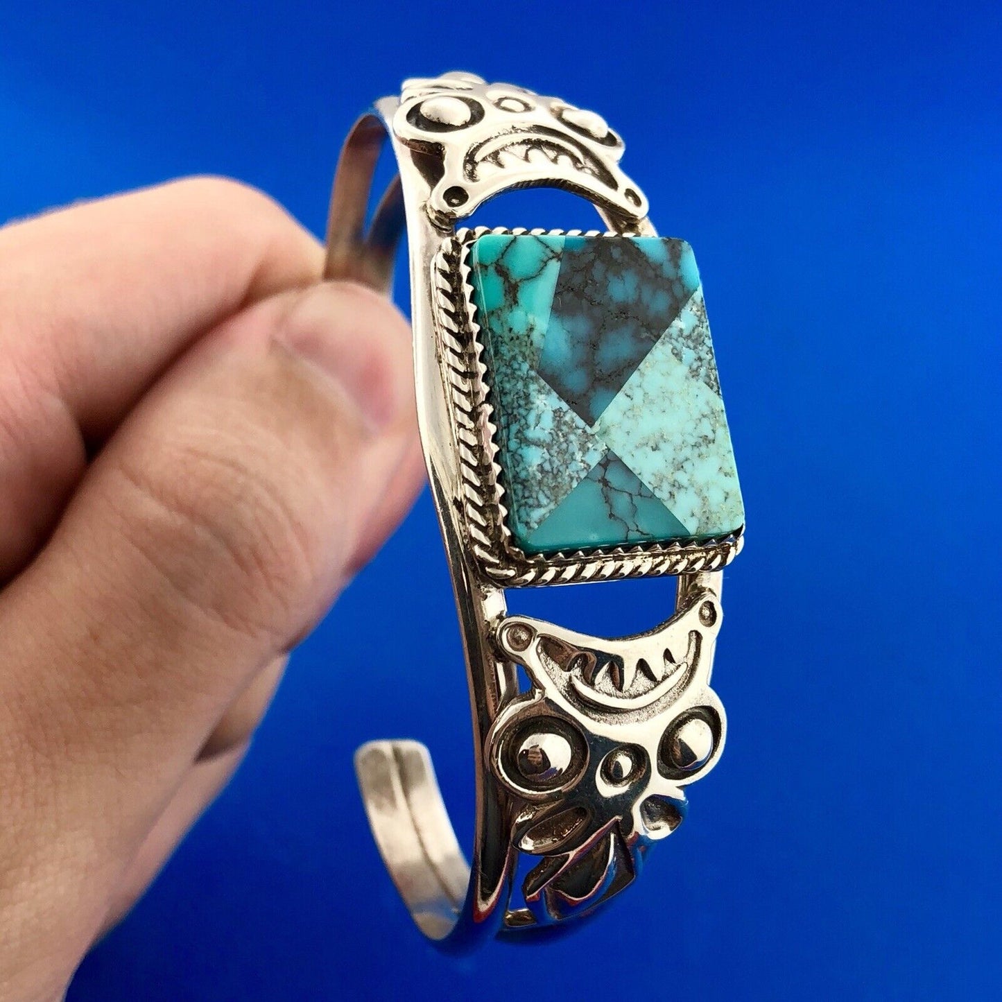 Vintage Benjamin Piaso Jr Navajo Sterling Silver Turquoise Mosaic Cuff Bracelet