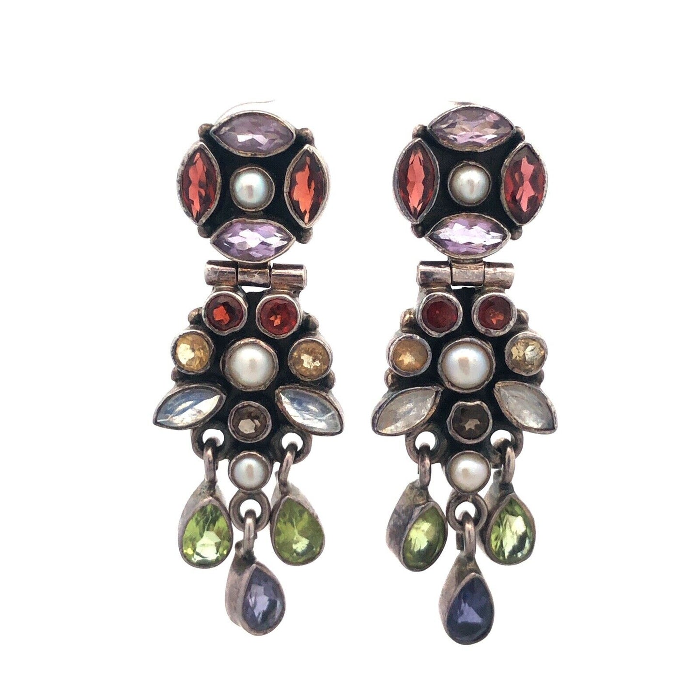 925 Sterling Silver Mixed Shaped Gemstone Floral Dangle Stud Earrings