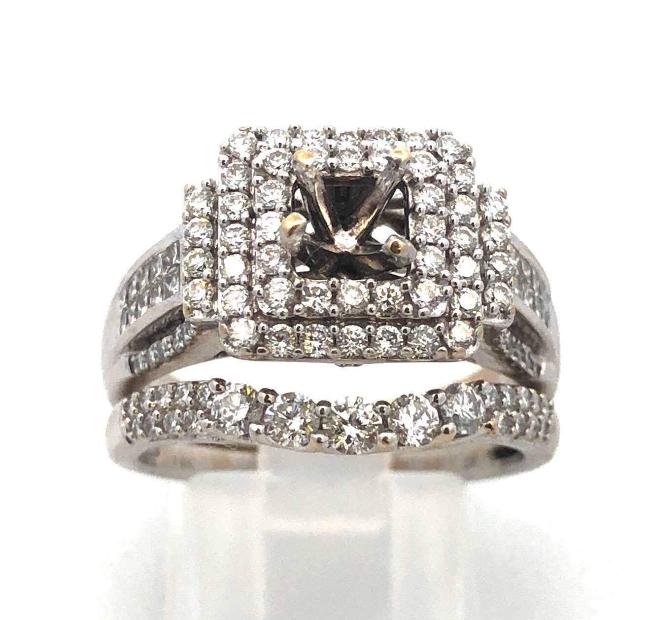 14K White Gold Diamond Triple Halo Mounting Diamond Wave Band 2 Pc Bridal Set