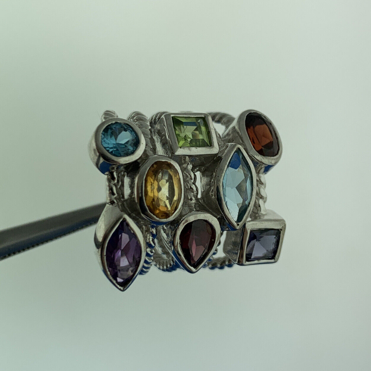 ATI 925 Sterling Silver Mixed Gemstone Five Rope Band Statement Cocktail Ring