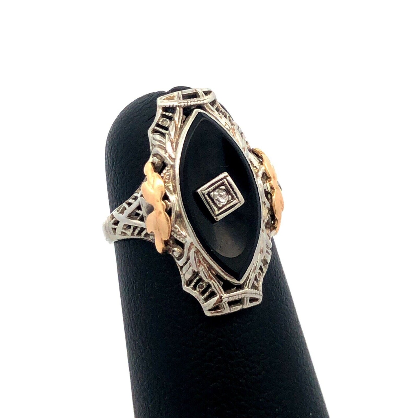 Vintage 14K White Yellow Gold Two Tone Black Onyx Diamond Art Deco Oval Ring