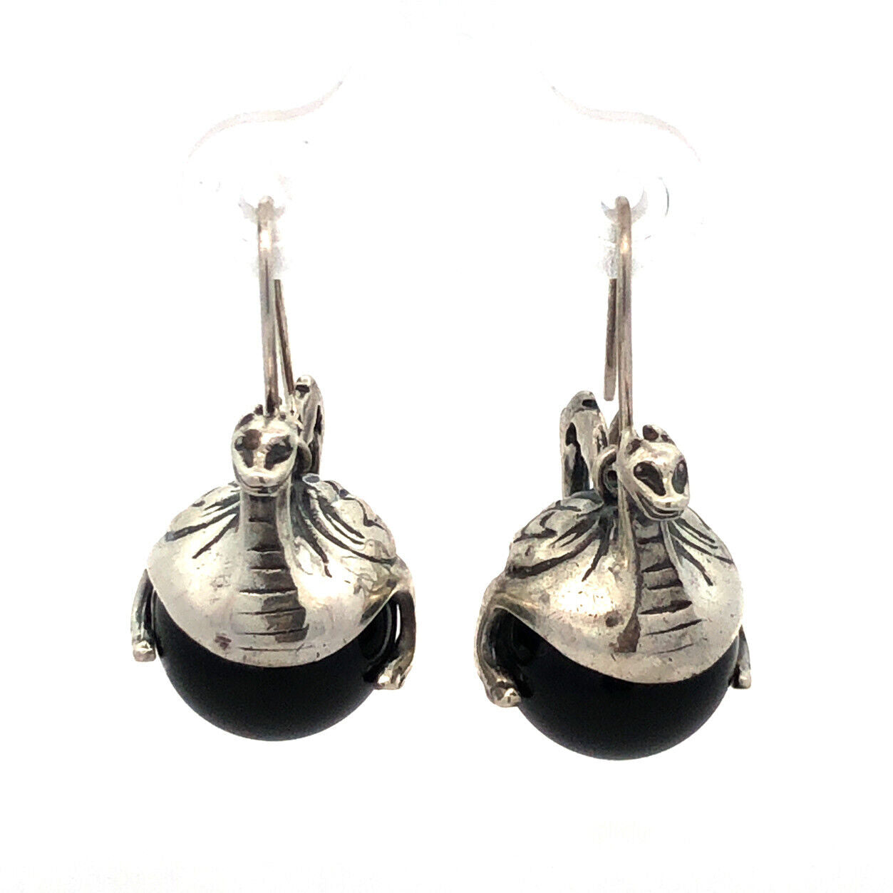 Museum Fine Arts MFA 925 Sterling Silver Round Black Onyx Dragon Globe Earrings