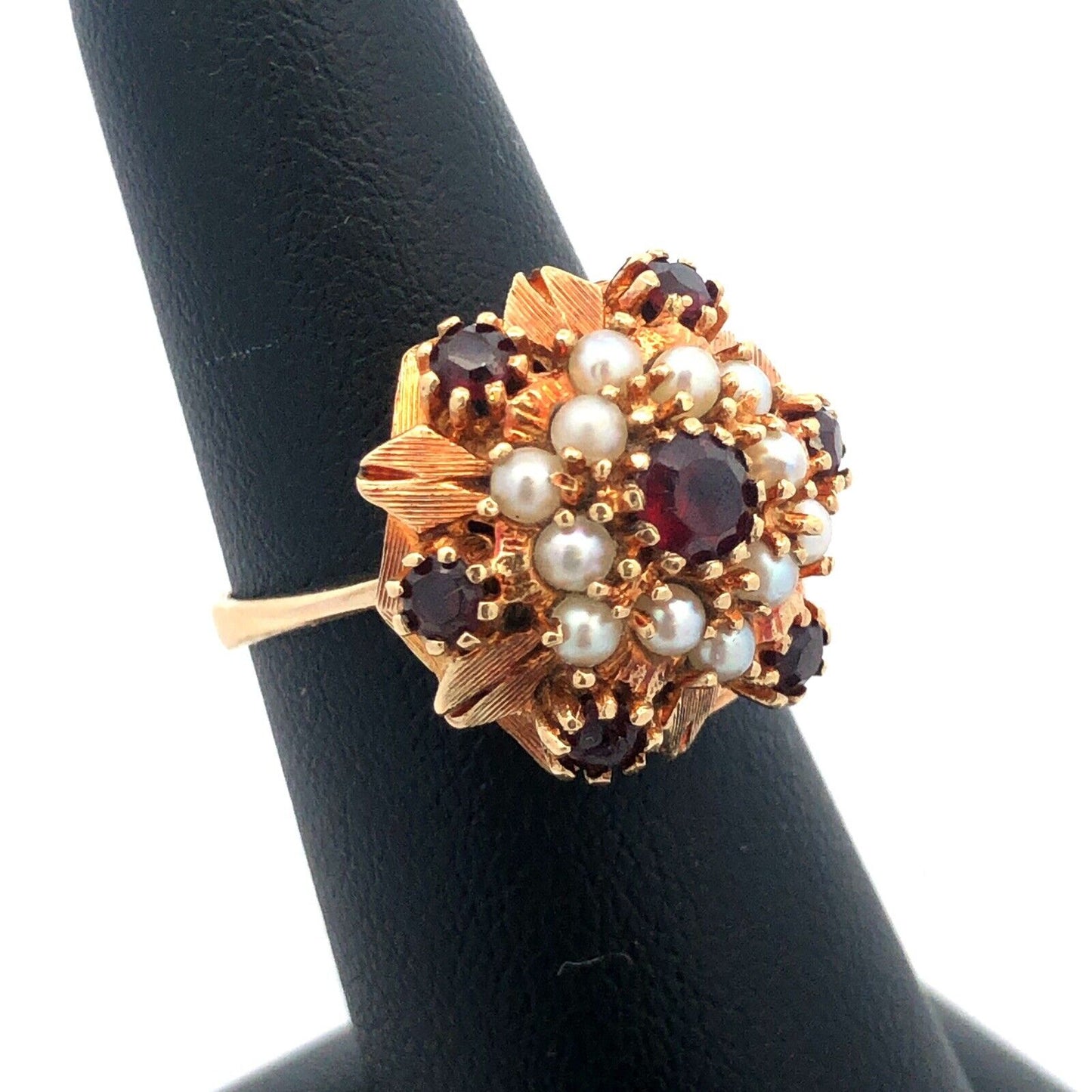 Designer 14k Yellow Gold Round Garnet Pearl Hexagon Cluster Dome Size 6.5 Ring