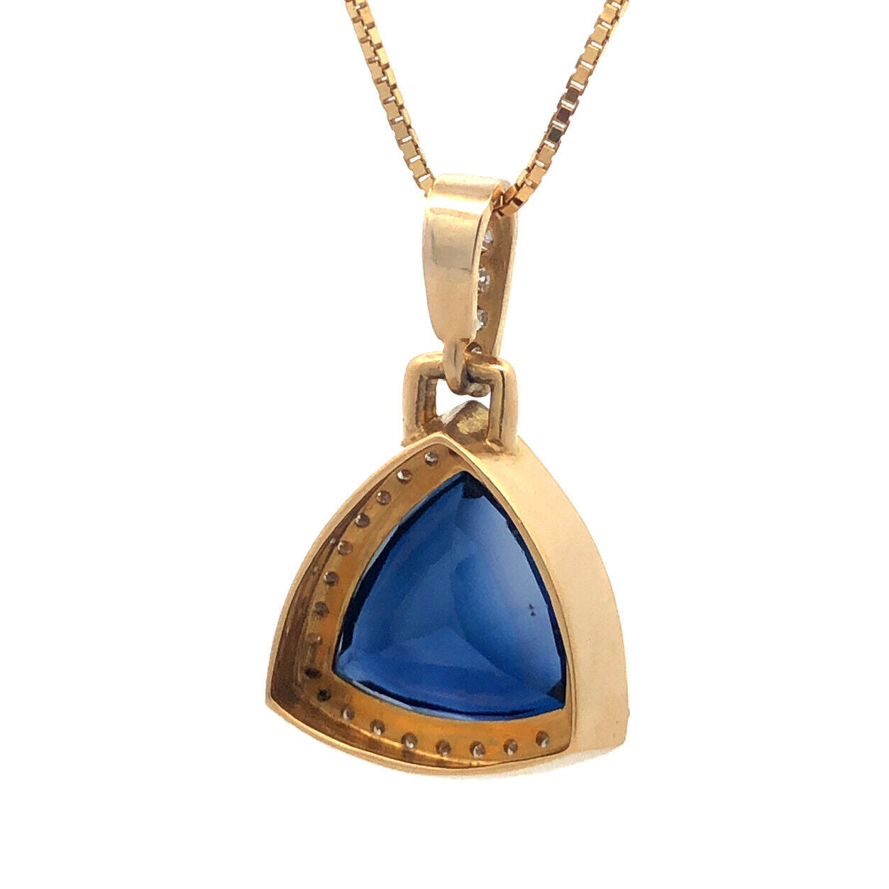 Custom 18K Yellow Gold Large Trillion Cut Lab Created Sapphire Diamond Pendant