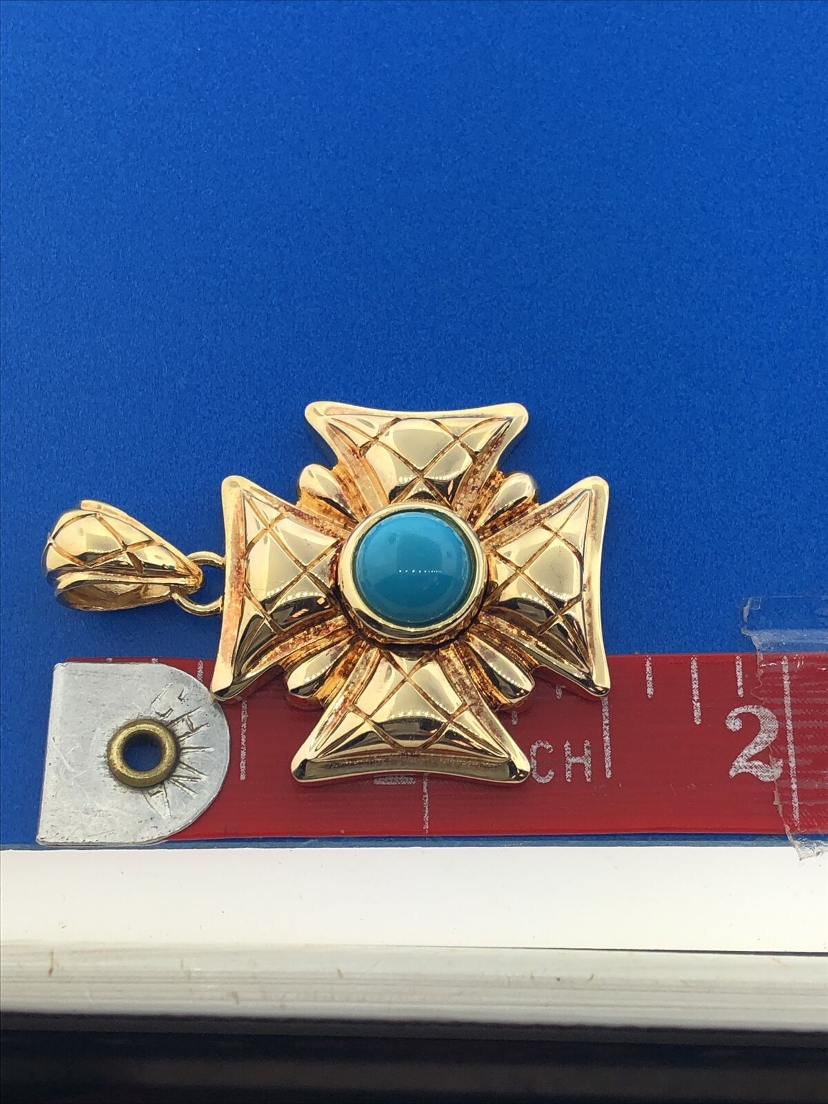 Designer Italy Sterling Silver Vermeil Gold Tone Turquoise Maltese Cross Pendant