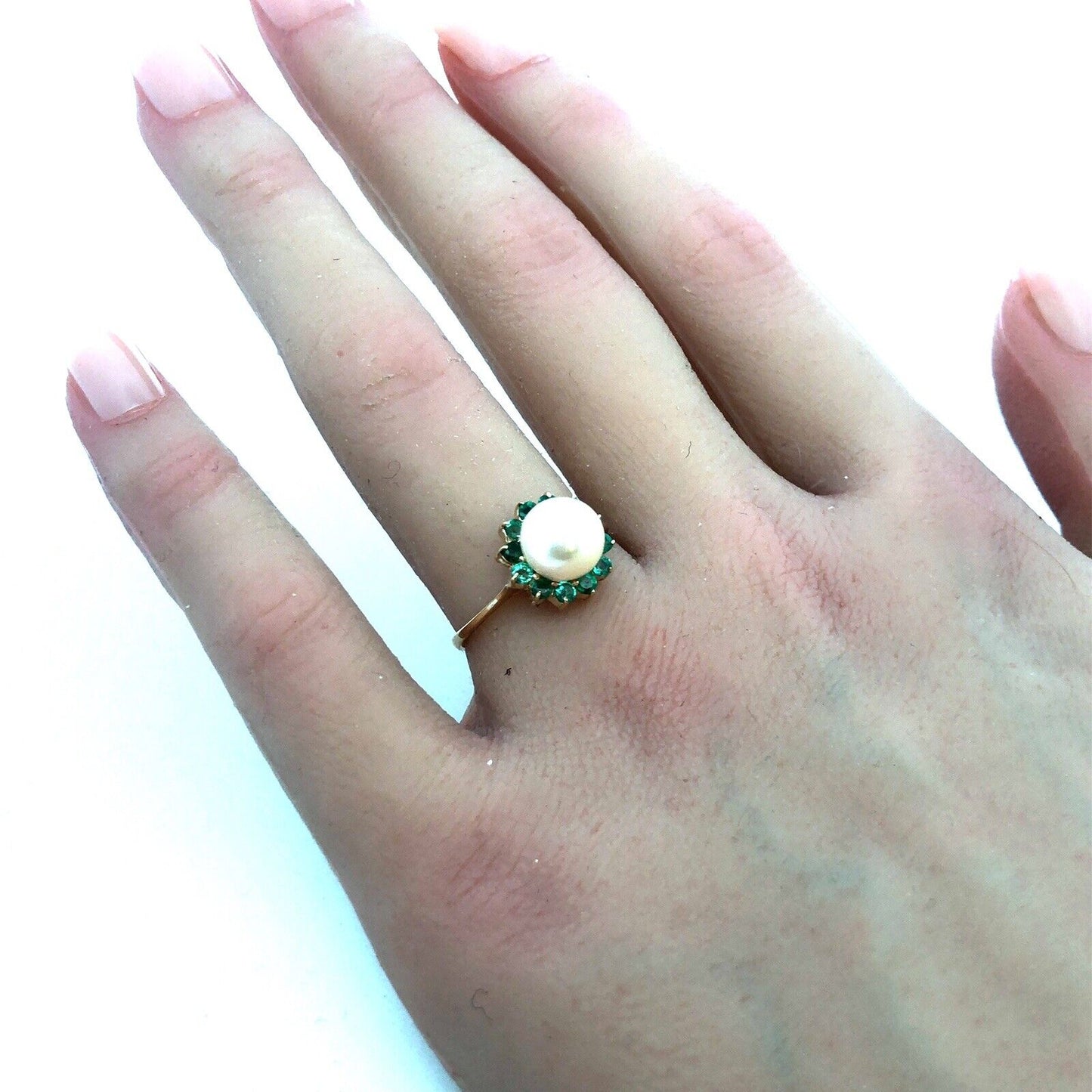 Designer 14K Yellow Gold Round Pearl Green Tourmaline Halo Cocktail Ring