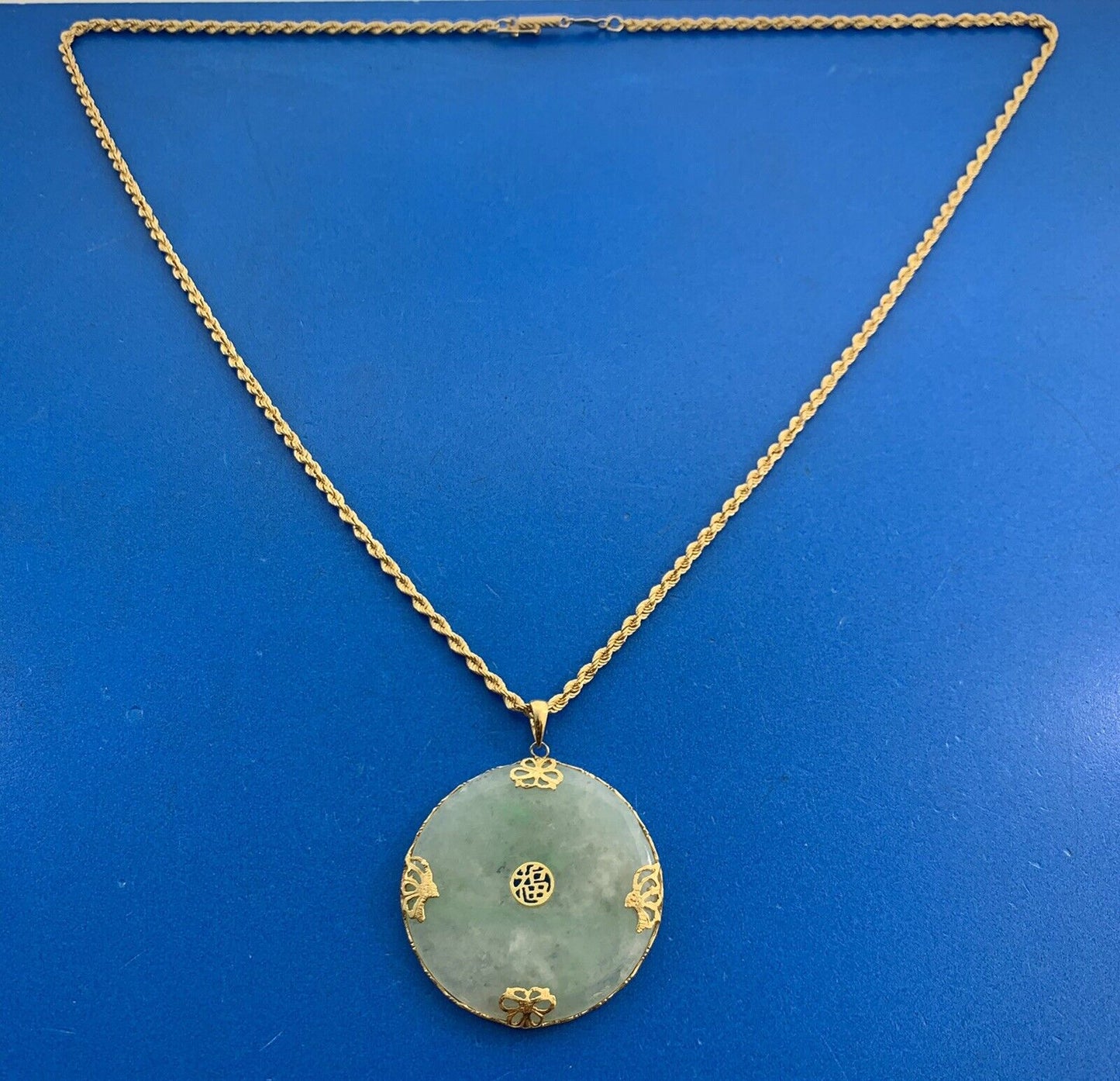 Designer 14K Yellow Gold Jade Good Luck Symbol Statement Pendant Necklace