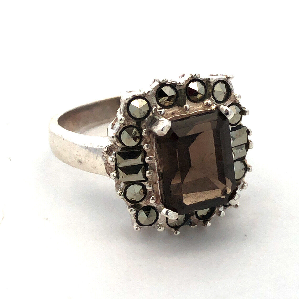 Designer 925 Sterling Silver Emerald Cut Smoky Quartz Hematite Halo Accent Ring