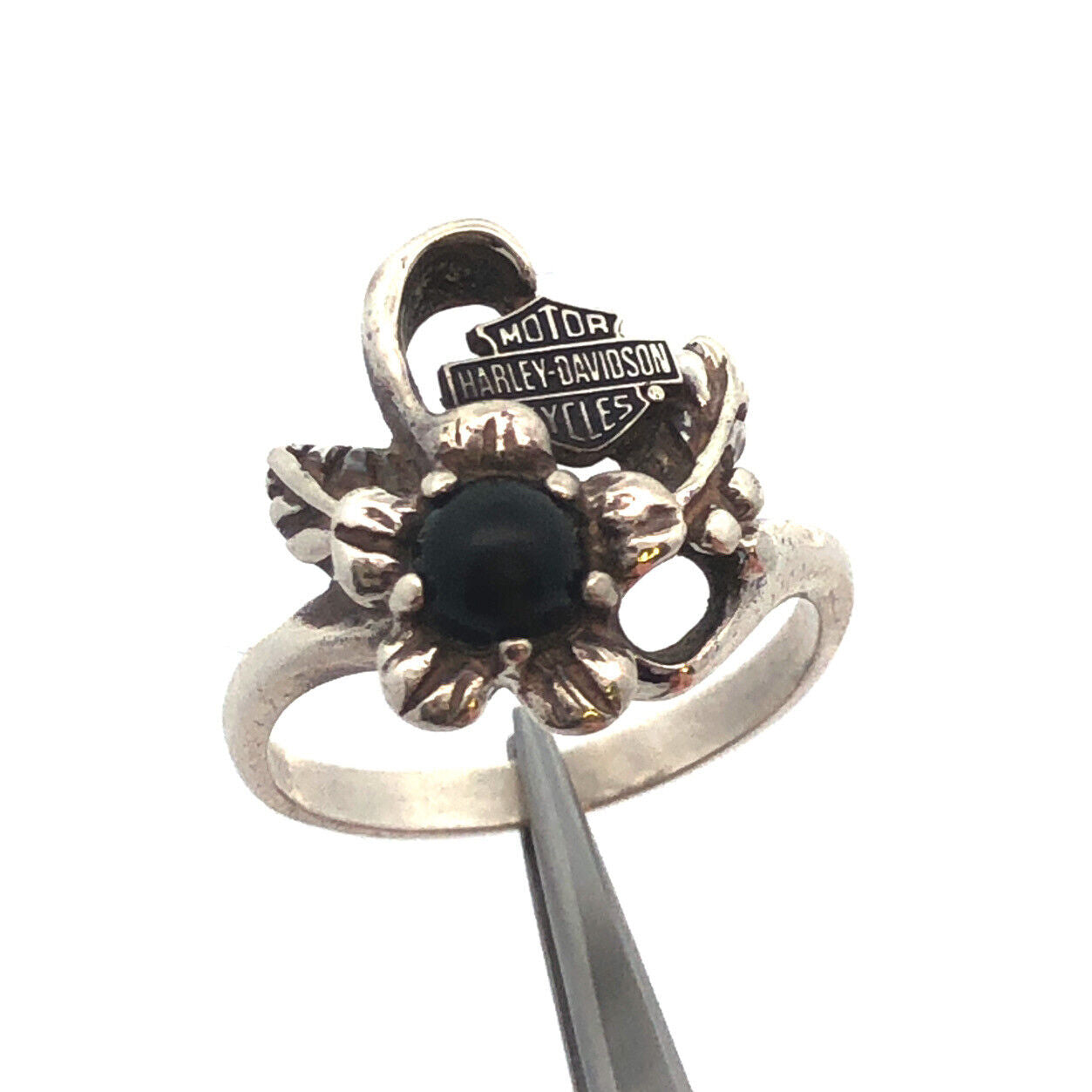 Vintage Harley Davidson 925 Sterling Silver Black Onyx Cabochon Floral Ring