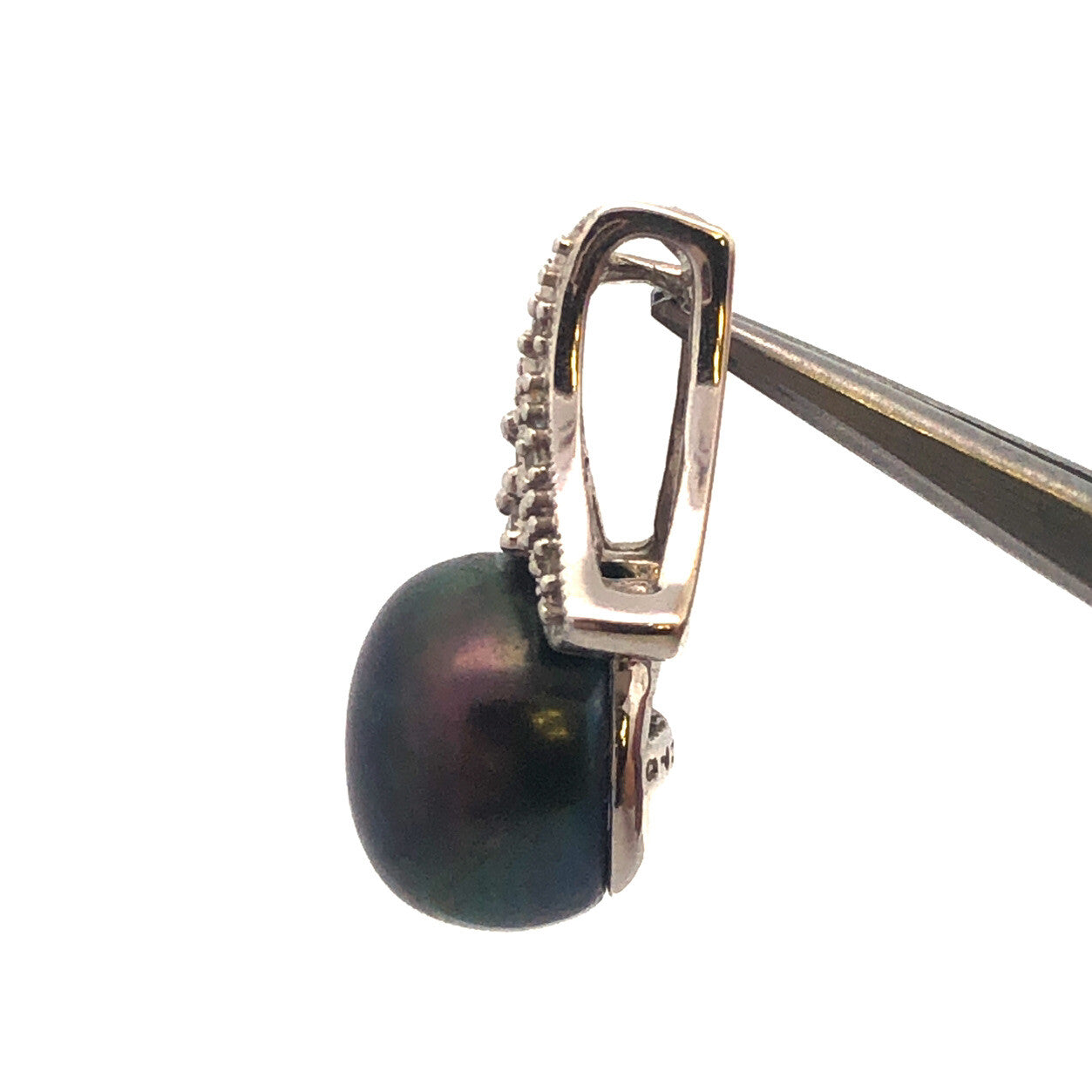 Retro 10K White Gold Black Tahitian Pearl Diamond Slide Charm Pendant