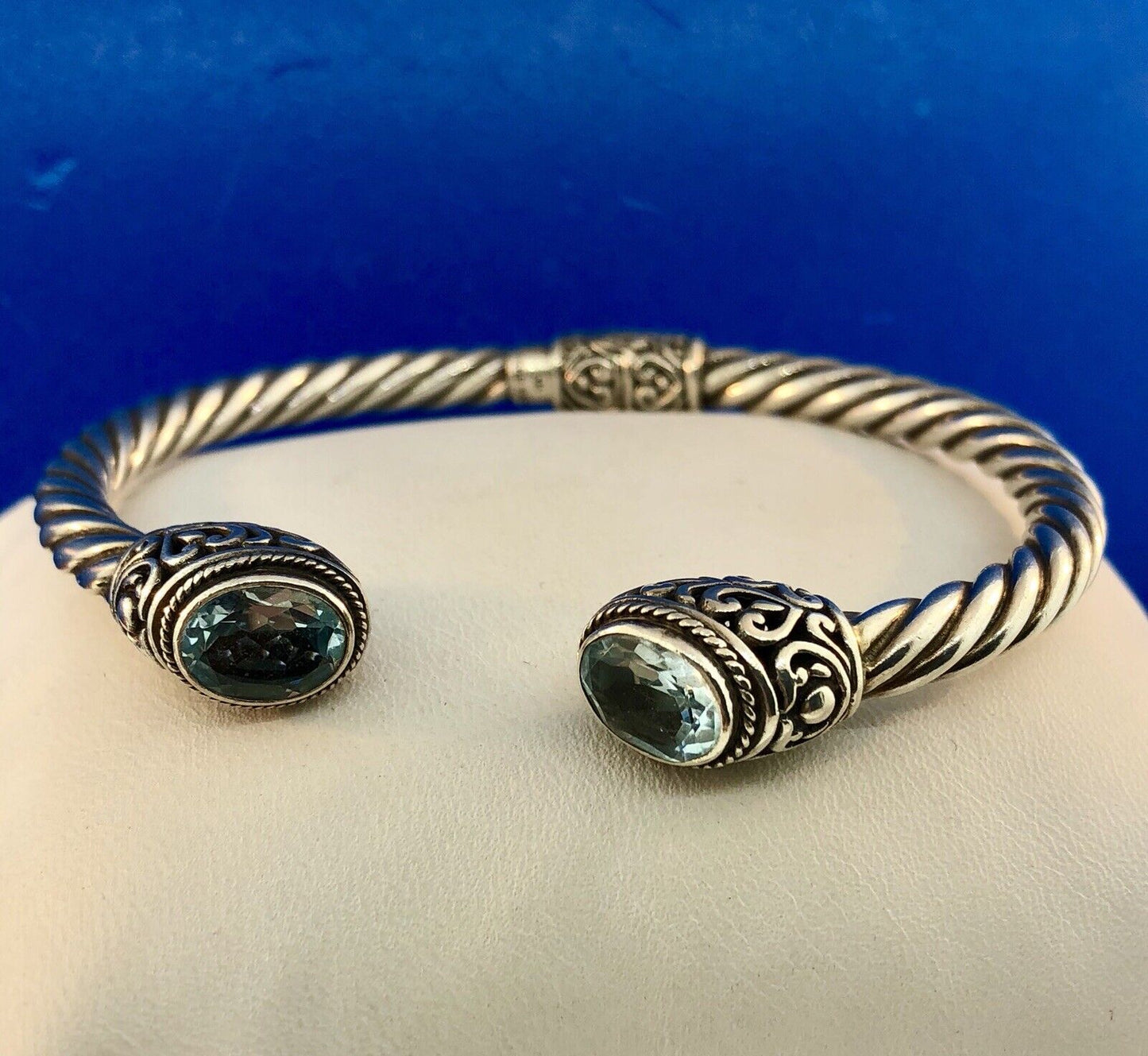 Designer ATI Sterling Silver Blue Topaz Heart Scroll Cable Hinged Cuff Bracelet
