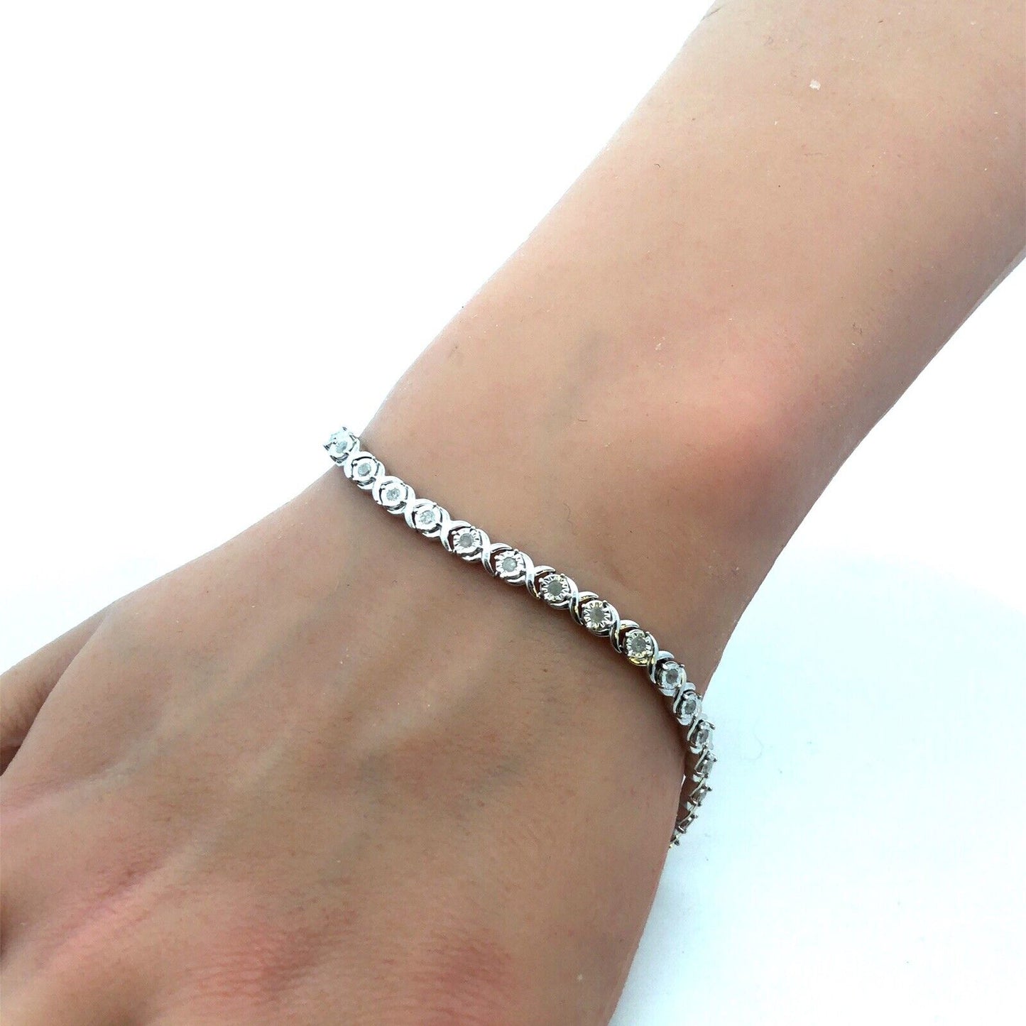 925 Sterling Silver Designer UD Round Diamond Infinity X & O Tennis Bracelet