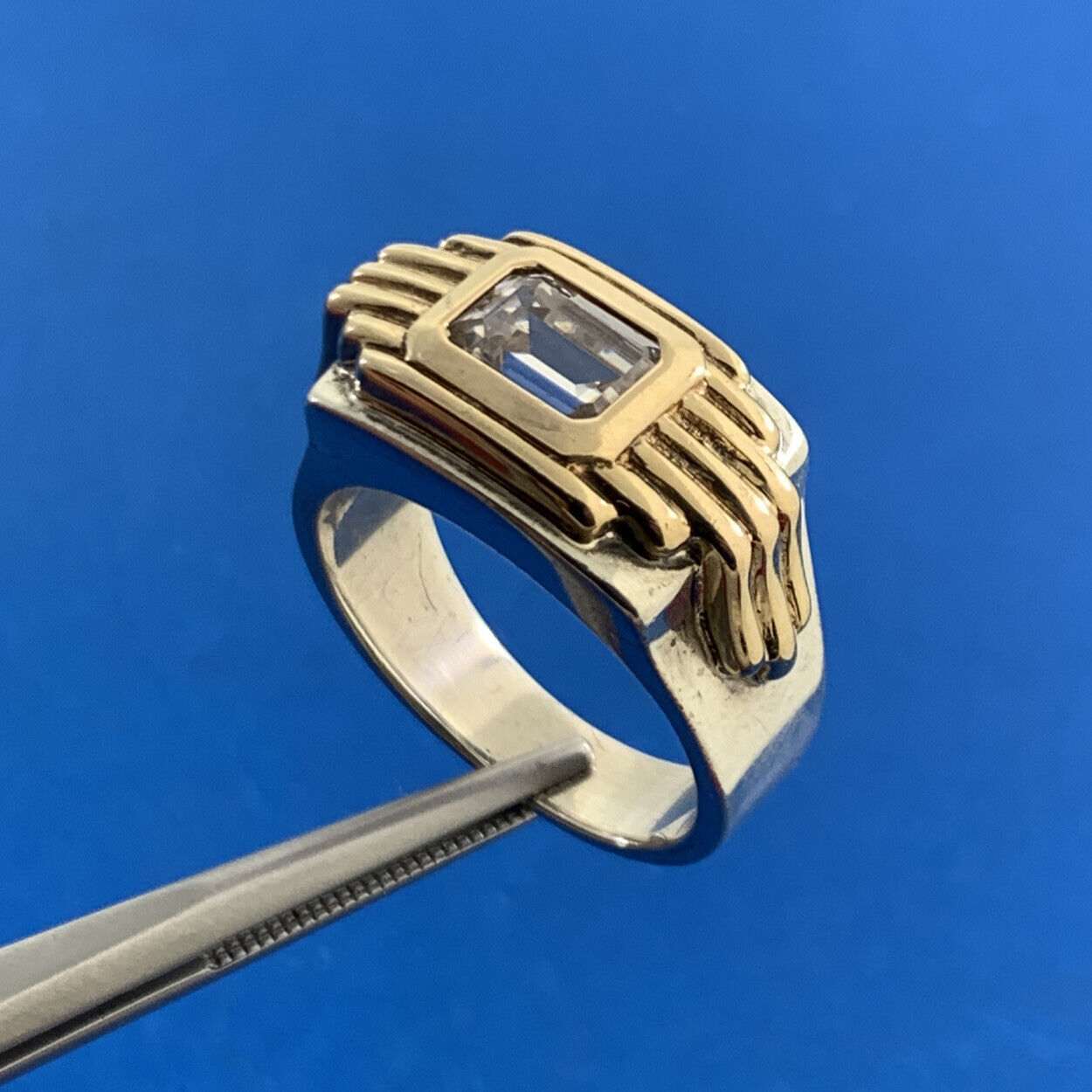 Art Deco 925 Sterling Silver 14K Yellow Gold White Tourmaline Unisex Dome Ring
