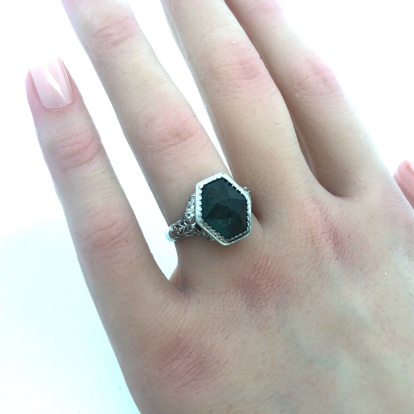 Stunning Art Deco 18K White Gold Hexagon Green Sapphire Statement Cocktail Ring