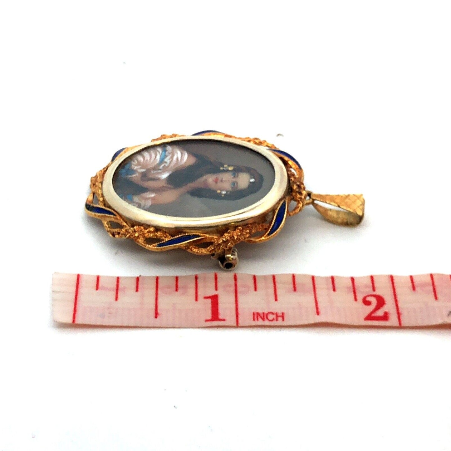 Victorian VIC 18K Yellow Gold Diamond Enamel Painted Portrait Pendant Brooch