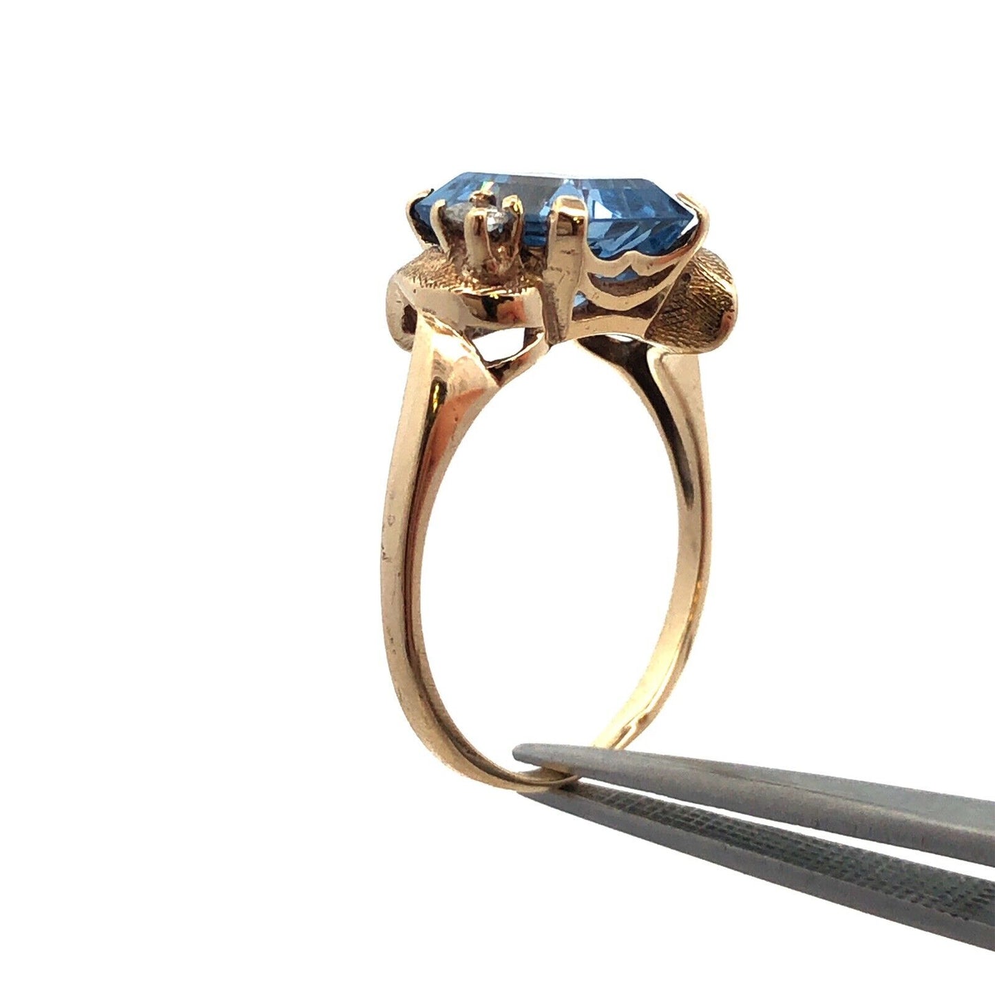 Designer 10K Yellow Gold Emerald Cut Blue Spinel Diamond Engagement Ring