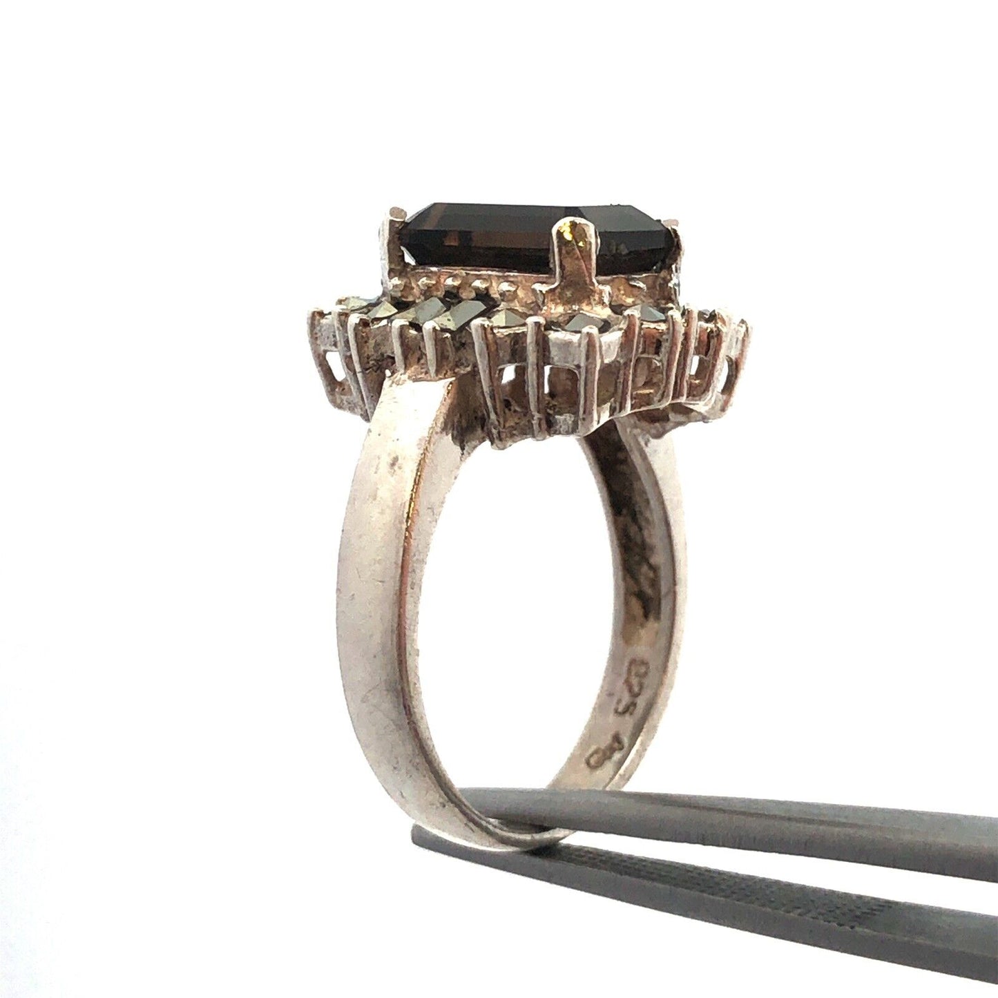 Designer 925 Sterling Silver Emerald Cut Smoky Quartz Hematite Halo Accent Ring