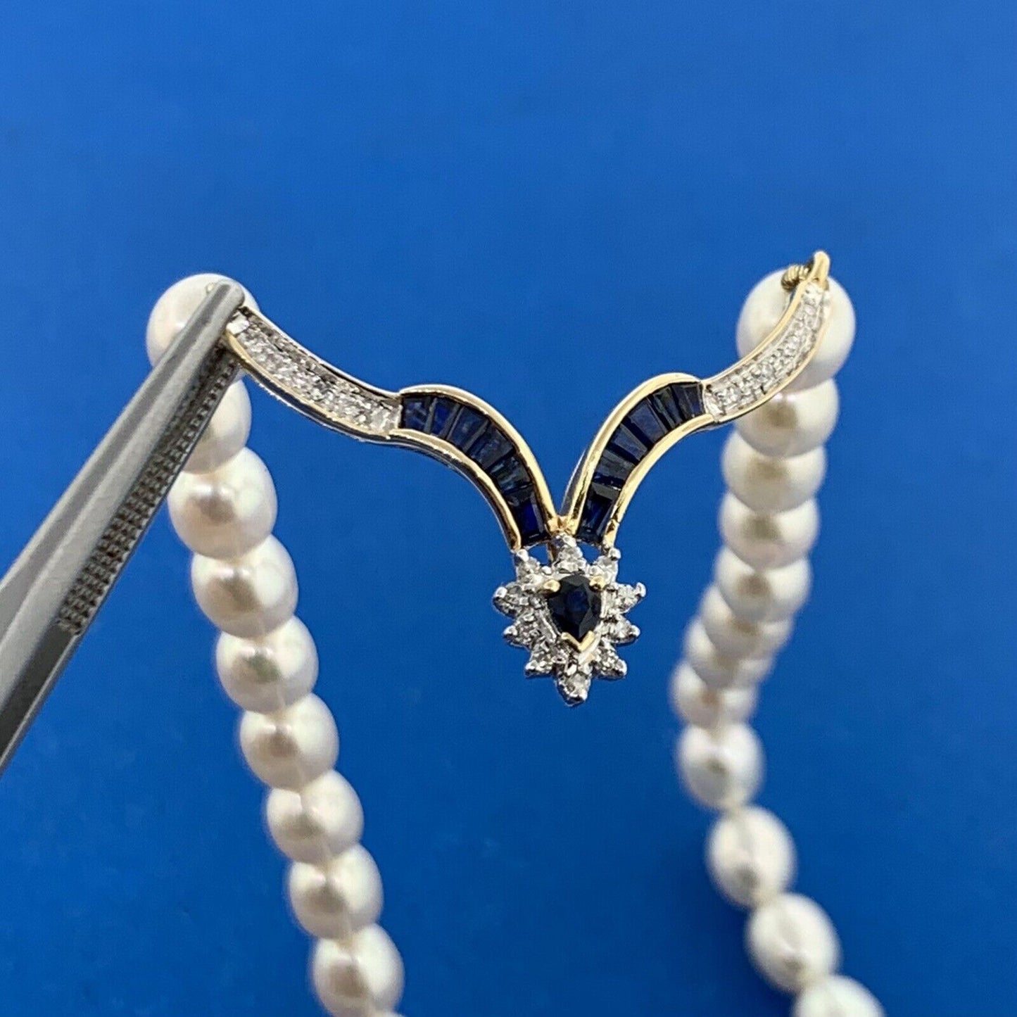 14K Yellow Gold Pearl Diamond Blue Sapphire Accented V Necklace