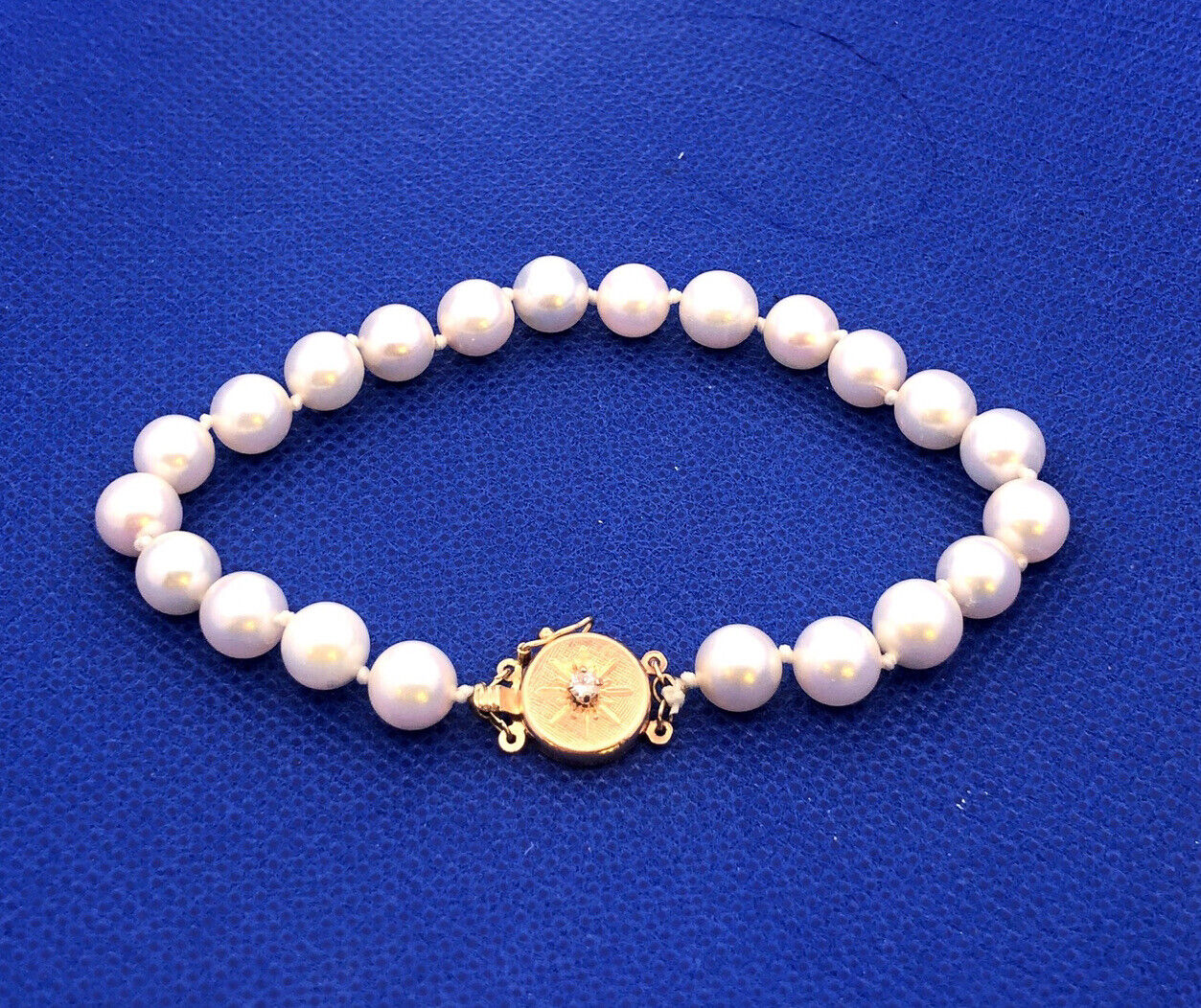 Vintage 14K Yellow Gold White Pearl Beaded Diamond Accent Bracelet