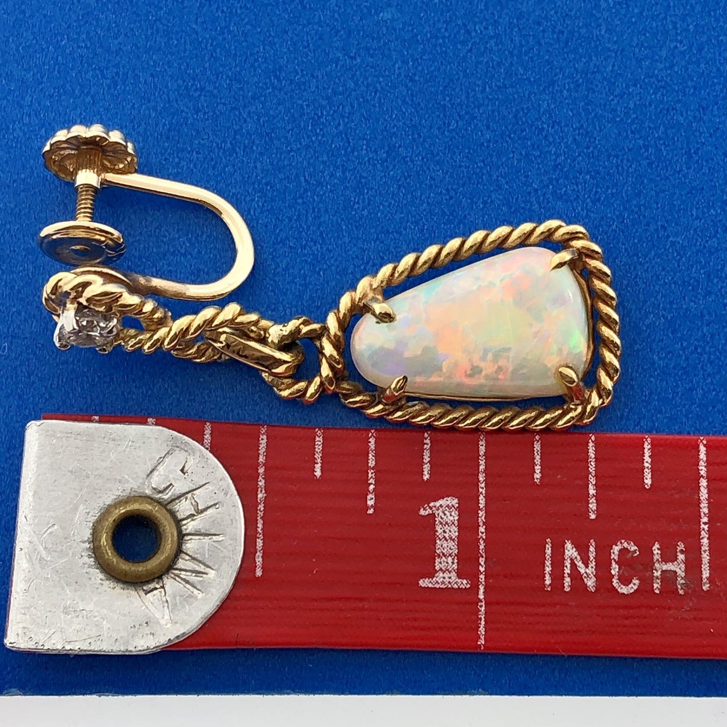 Estate 14K Yellow Gold Trillion Cut Opal Diamond Accent Drop Dangle Earrings