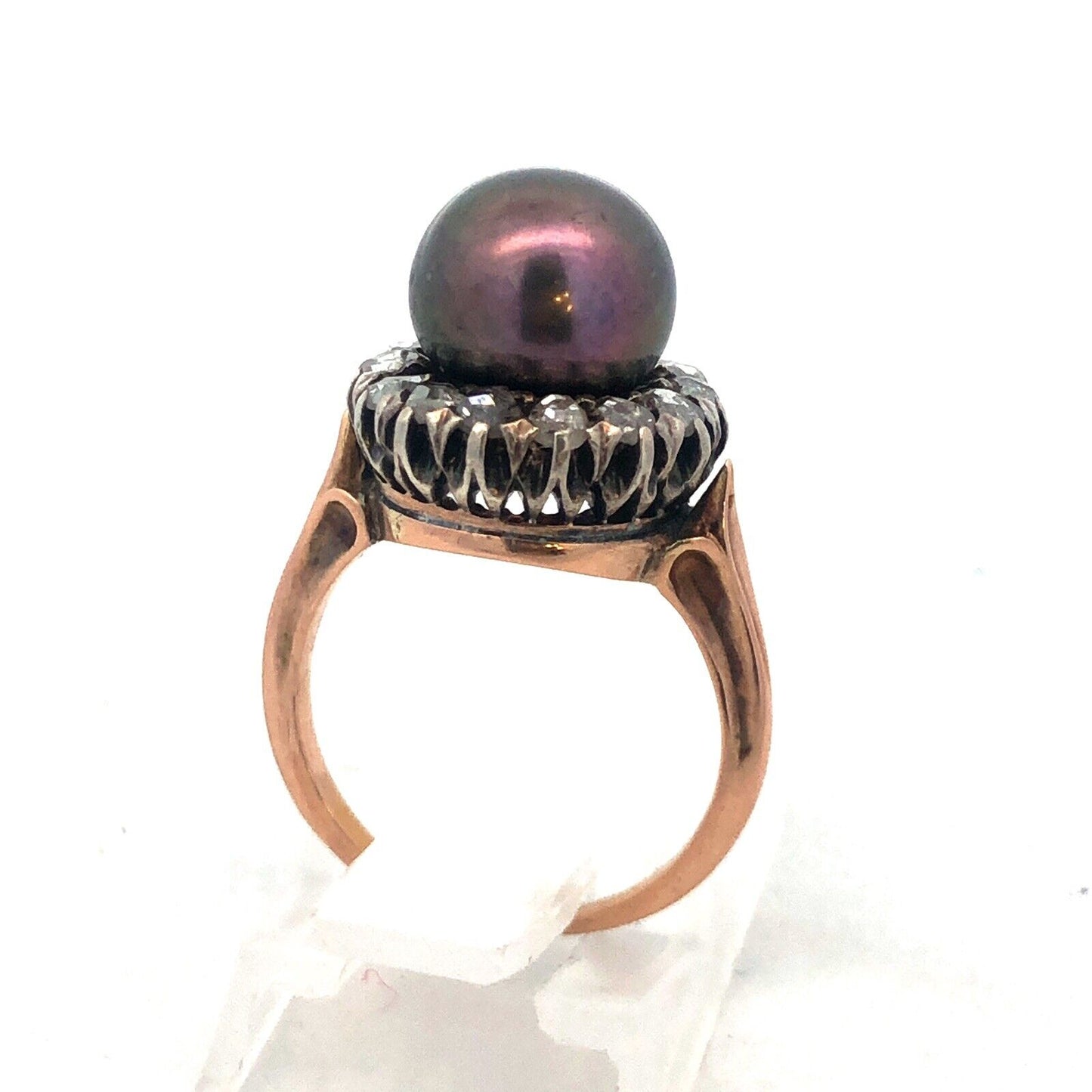 Retro 14k Yellow Gold Bronze Pearl Faceted Champagne Diamond Halo Cocktail Ring