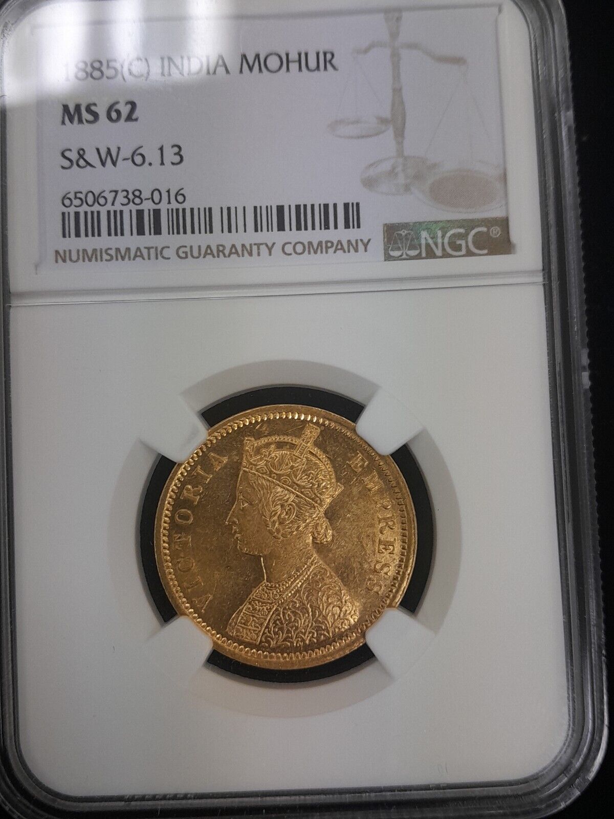 1885 C British India Mohur S & W - 6.13 NGC MS62 Gold Coin