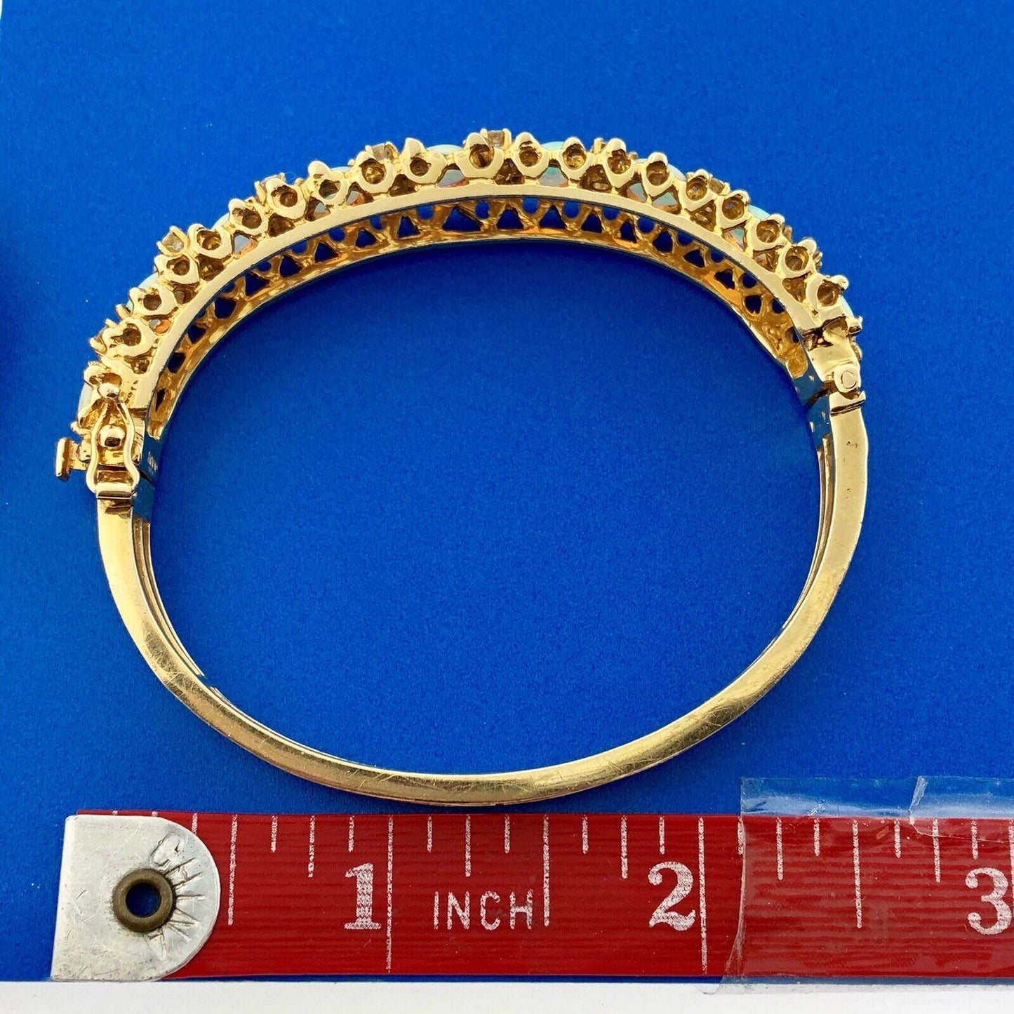 Vintage Jack Gutschneider 14k Yellow Gold Filigree Opal Diamond Cuff Bracelet