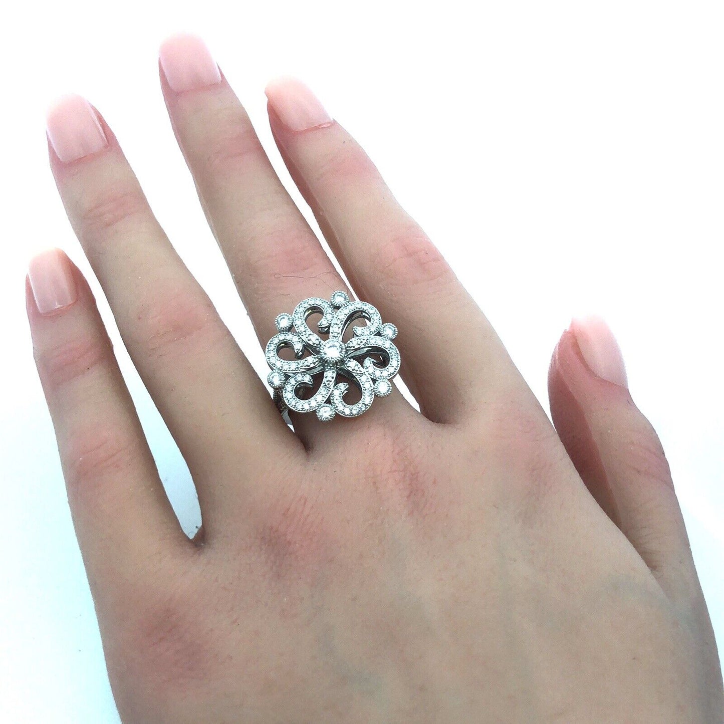 925 Sterling Silver Round Cubic Zirconia CZ Flower Swirl Cocktail Ring