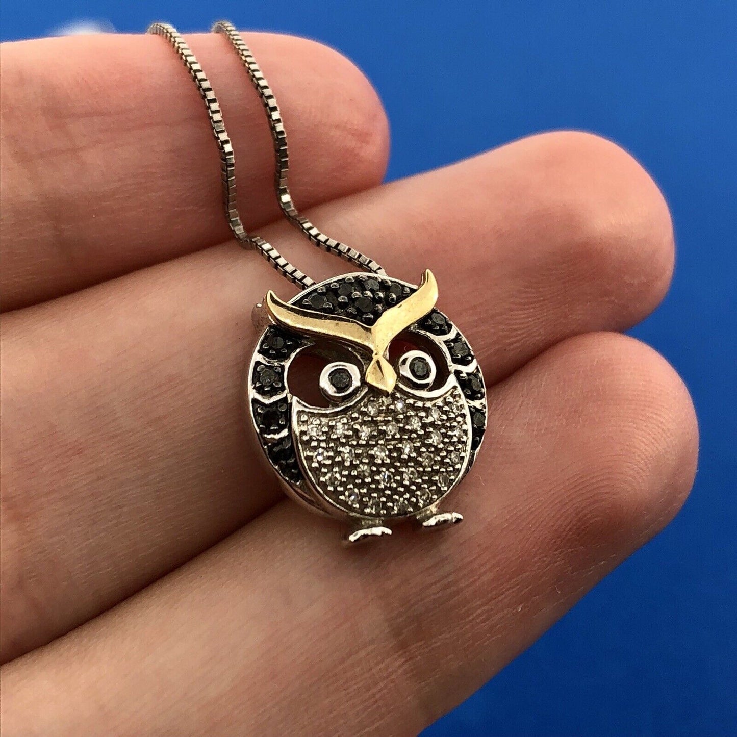 Designer 10K Yellow Gold Sterling Silver Black White Diamond Chubby Owl Necklace