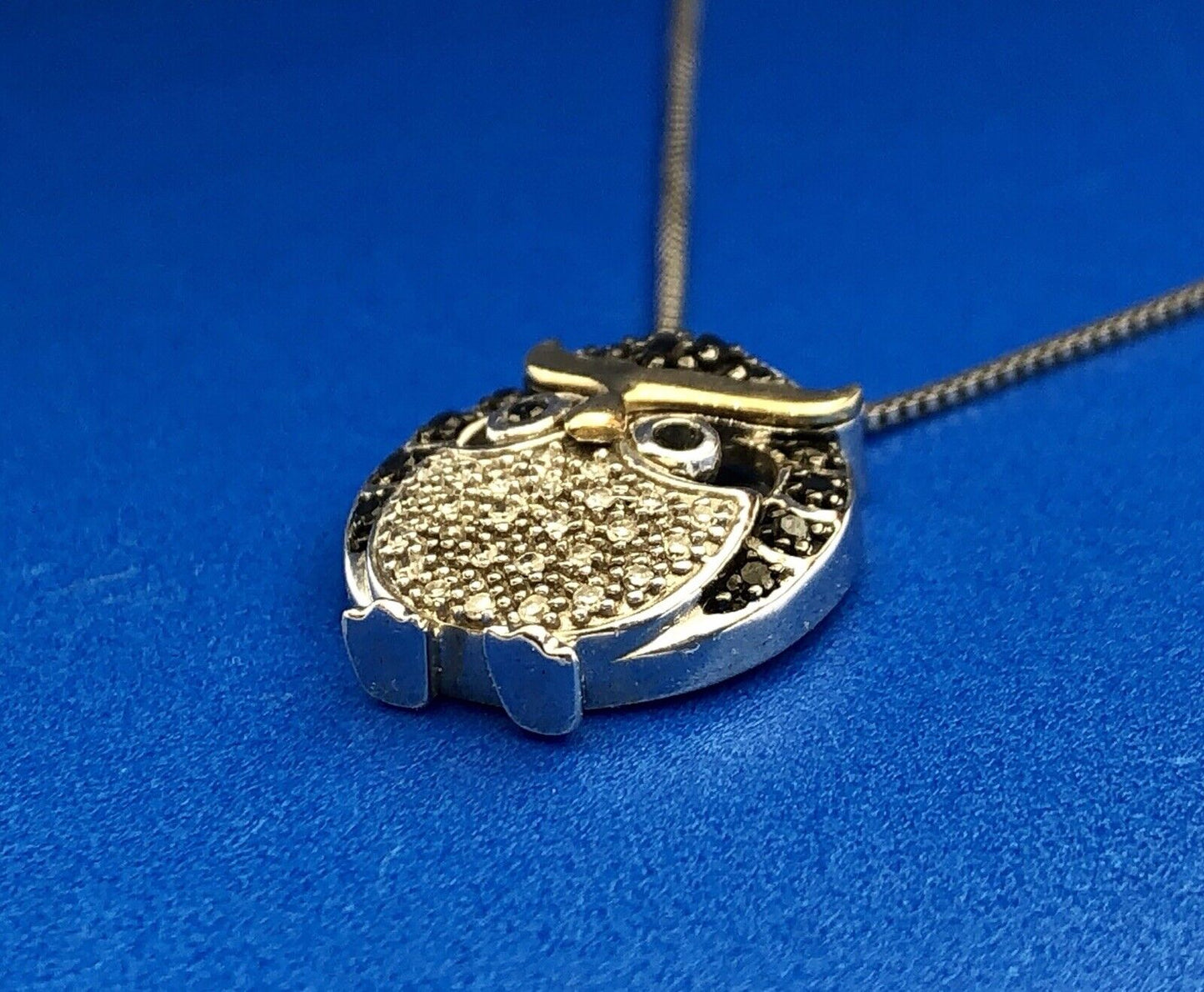 Designer 10K Yellow Gold Sterling Silver Black White Diamond Chubby Owl Necklace