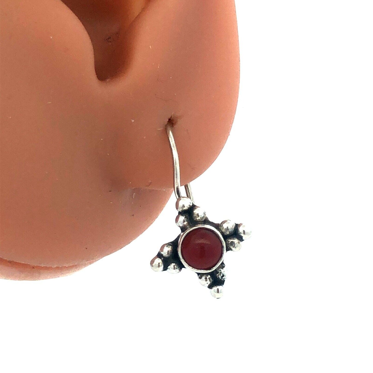 Estate 925 Sterling Silver Carnelian Cabochon Beaded Drop Dangle Hook Earrings