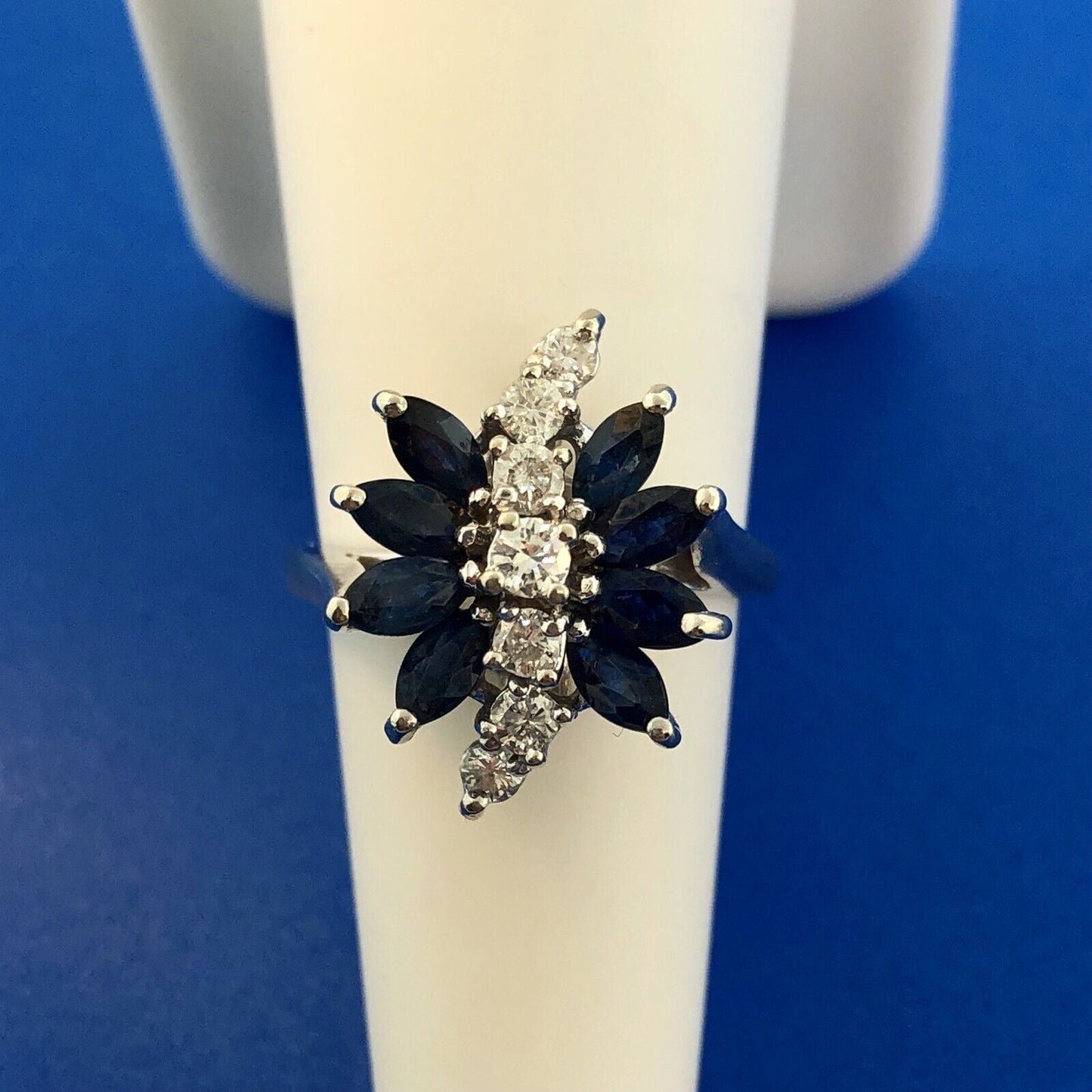 Vintage 14K White Gold Diamond Sapphire Waterfall September Anniversary Ring