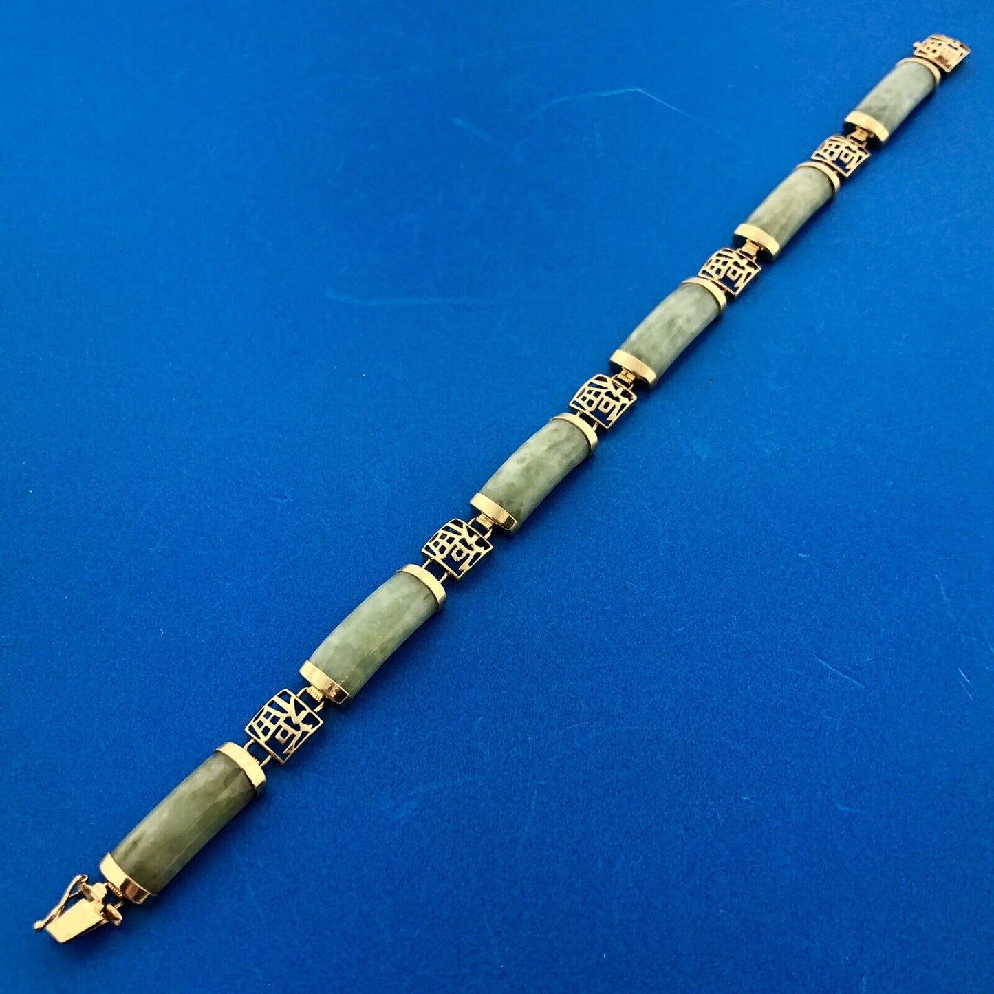 Retro 14K Yellow Gold Jade Jadeite Good Luck Character Statement Panel Bracelet