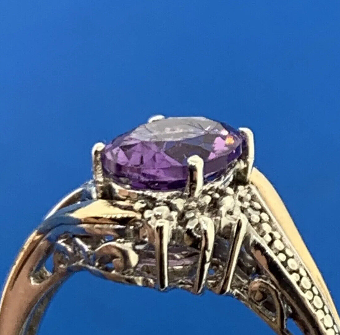 Designer 925 Sterling Silver 10K Gold Two Tone Amethyst Diamond Ring