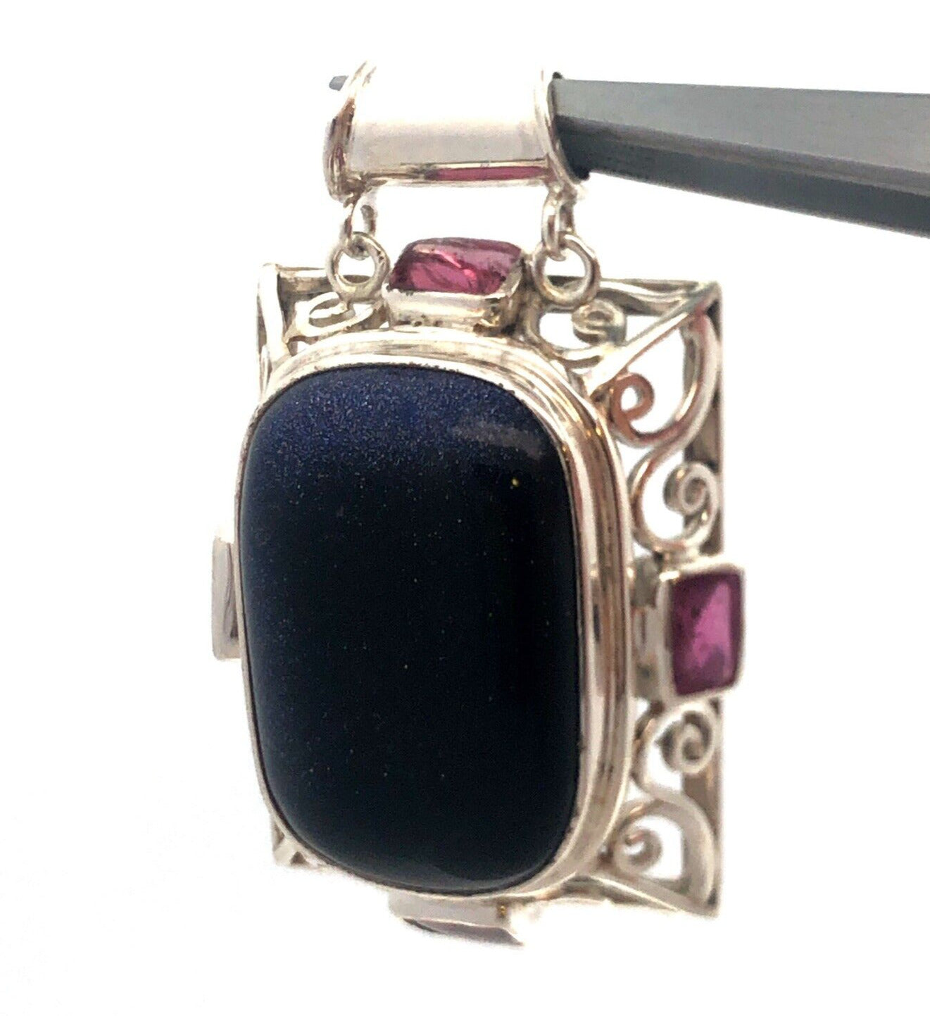 Estate 925 Sterling Silver Rectangle Blue Sandstone Amethyst Statement Pendant
