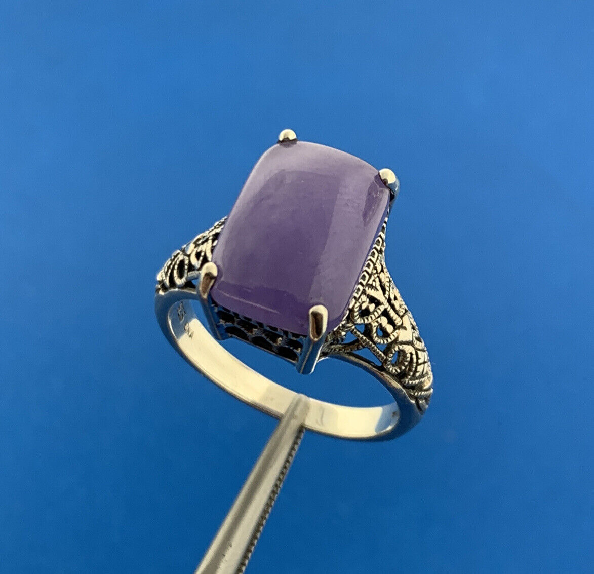 Designer CNA 925 Sterling Silver Purple Jade Jadeite Filigree Open Work Ring