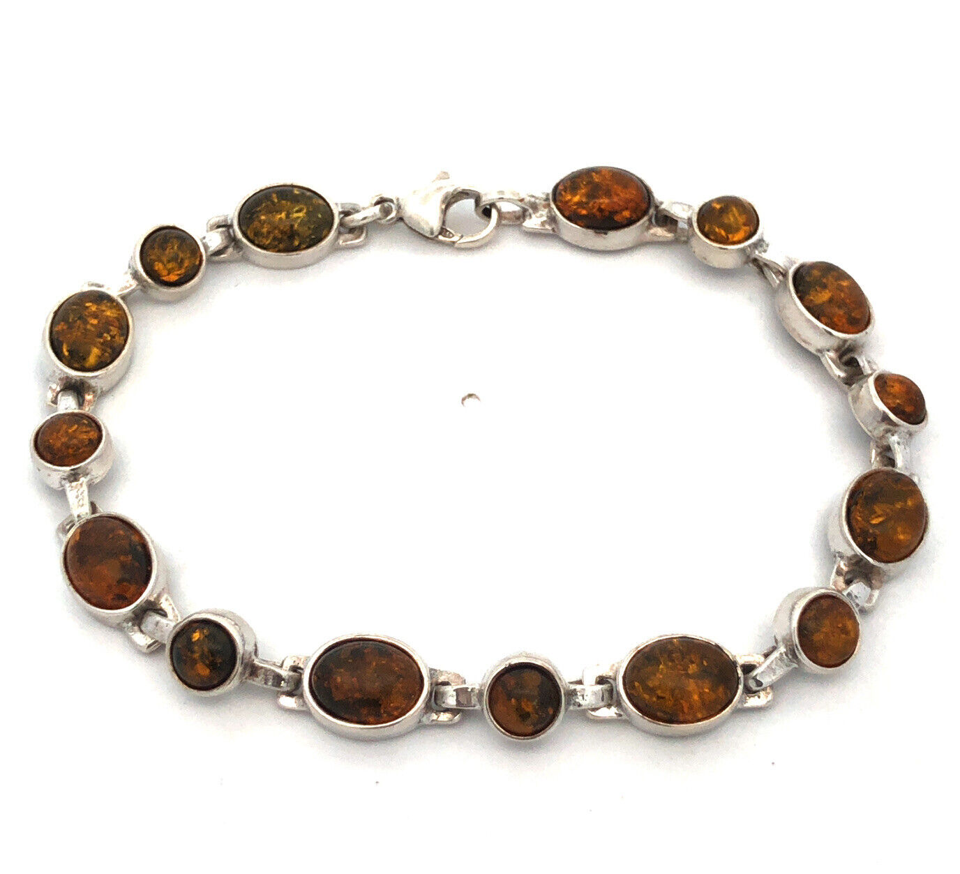 Vintage 925 Sterling Silver Oval Round Cabochon Amber Tennis Bracelet