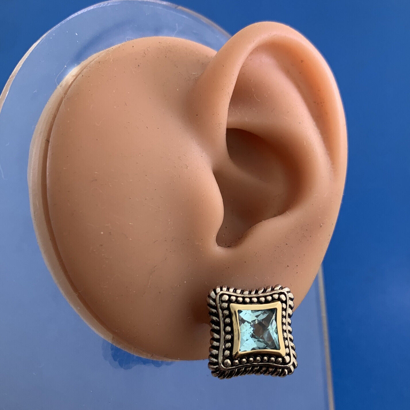 Designer Sterling Silver 14K Yellow Gold Princess Blue Topaz Omega Back Earrings